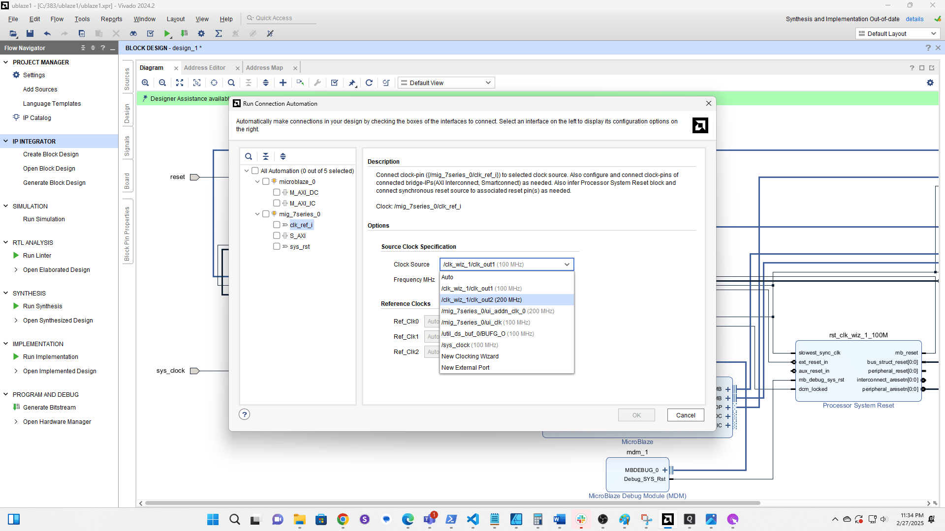 Select the 200 MHz clock from Clk Wiz 1