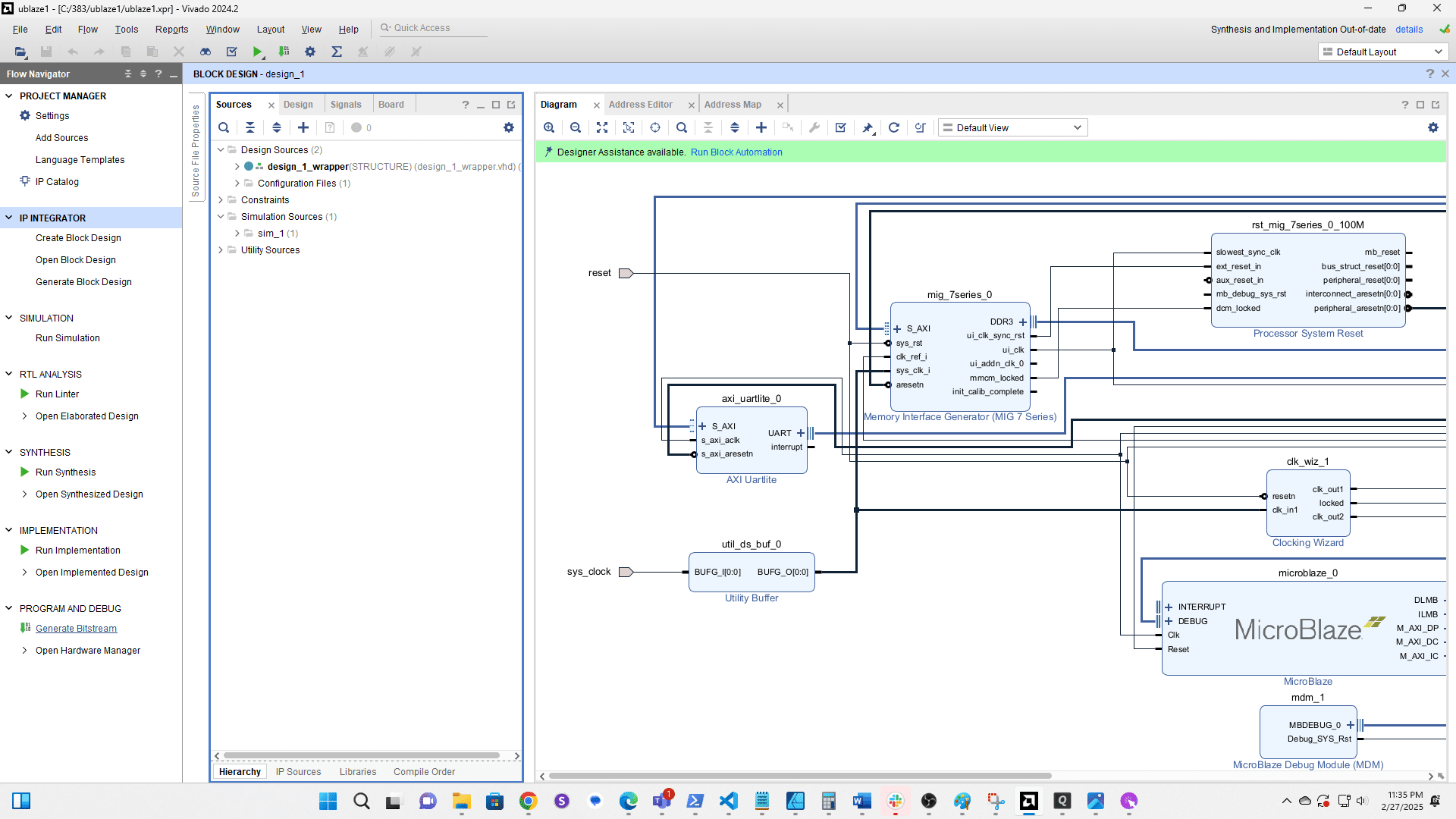 Generate the Bitstream (aka Popcorn Time 🍿).
Note: If ui_addn_clk_0 or init_calib_complete  on the MIG are wired to external ports delete the ports and wires before generating the bitstream.