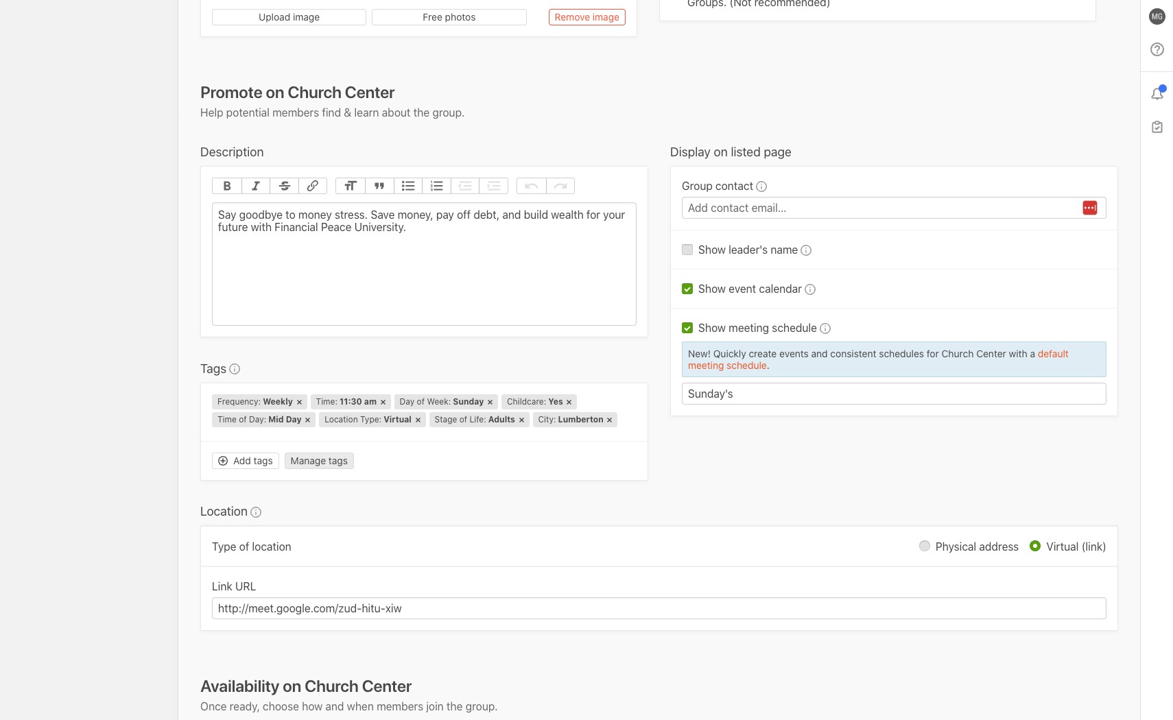 Scroll up to the "Promote on Church Center" section and click on "Manage tags" to add/adjust tag groups and options.