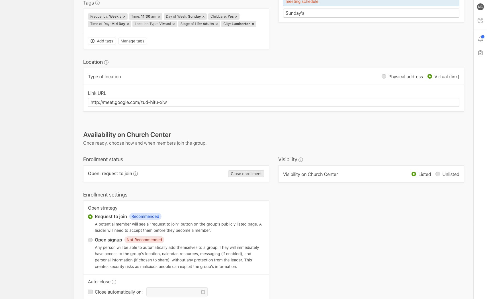 Scroll down to the "Availability on Church Center" section. Click "Close enrollment" to hide this group from the CrossCinq plugin. Click "Open enrollment" to show this group to the CrossCinq plugin.
