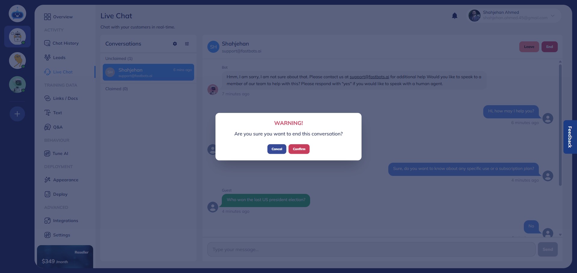A confirmation popup will appear—click **Confirm** to finalize the session.