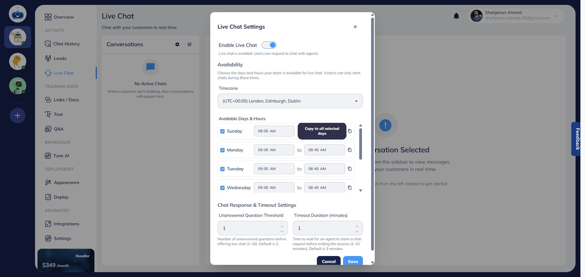 If your availability is consistent across days, click the **Copy** button to duplicate the time settings to other selected days.