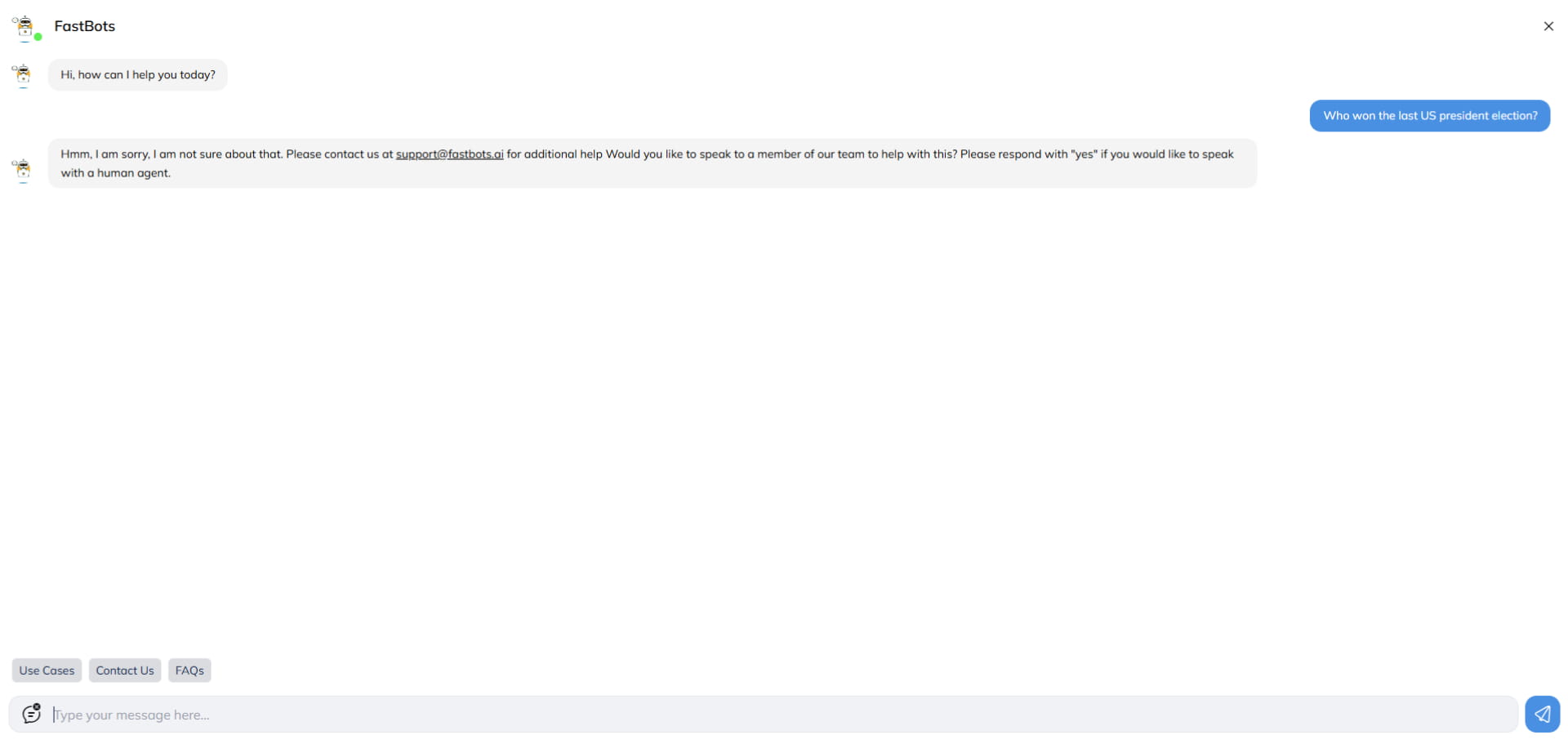 You’ll see the fallback response along with an option to connect with a live agent.