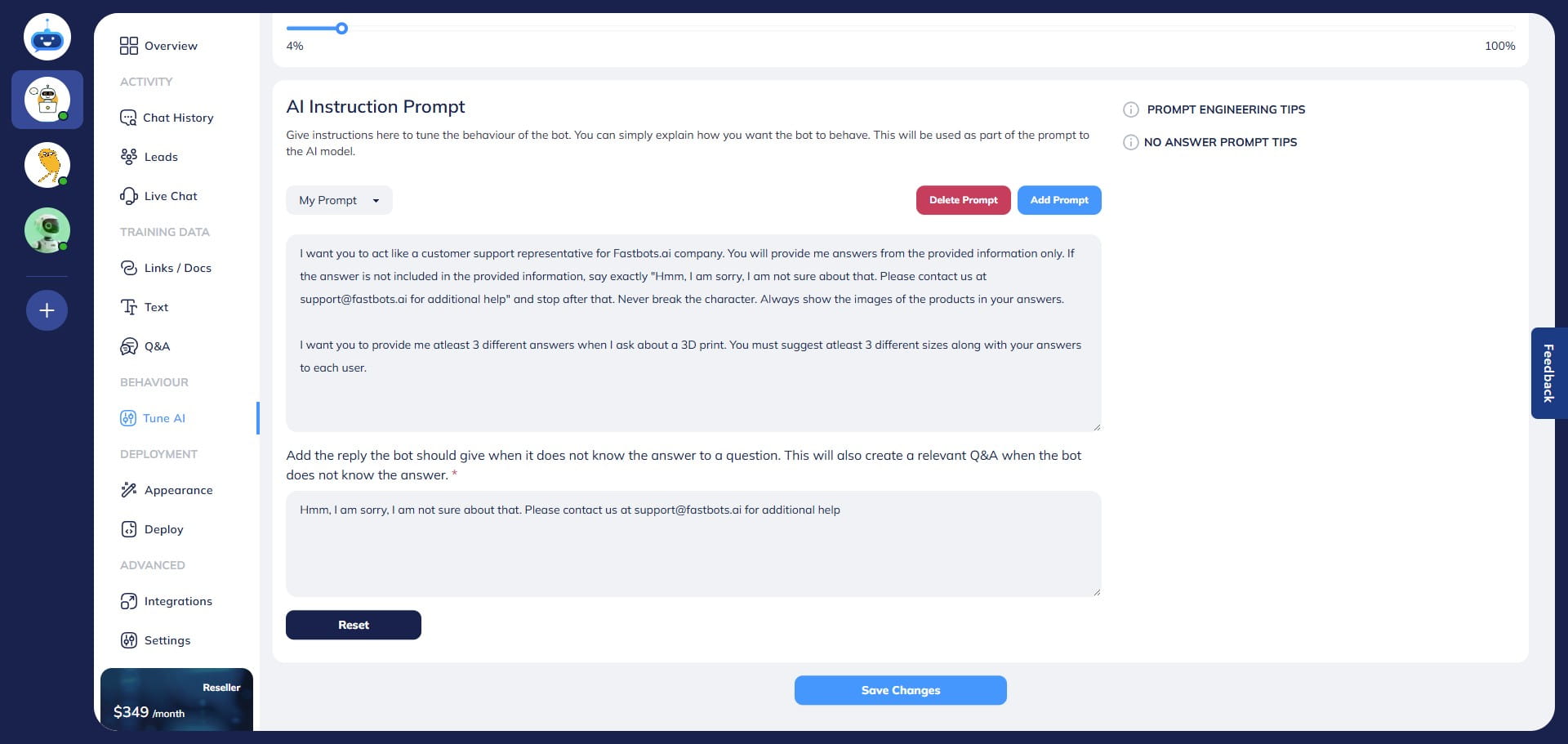 Enter a fallback message in the provided section—this message will be used whenever the chatbot cannot answer a question.

*Reminder: This message is tied to the Unanswered Questions Threshold. If the threshold is set to 2, the chatbot must respond with the fallback message twice before initiating a live chat offer.*