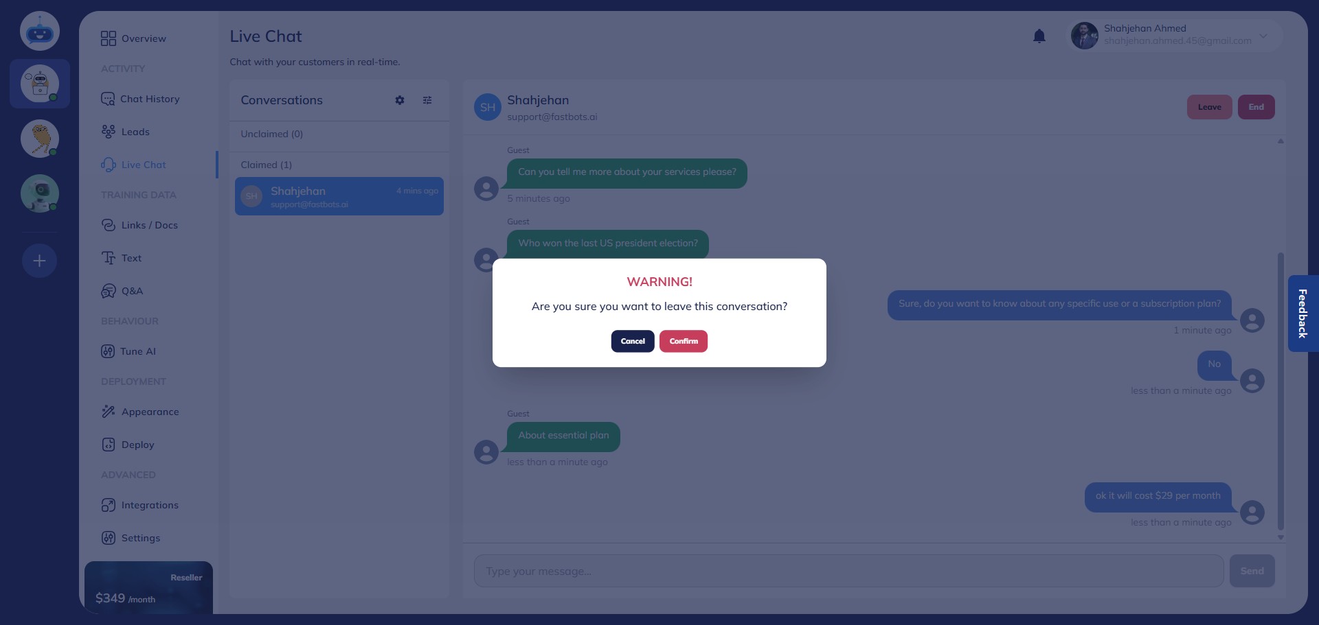 A confirmation dialog will appear—click "Confirm" to leave the chat.