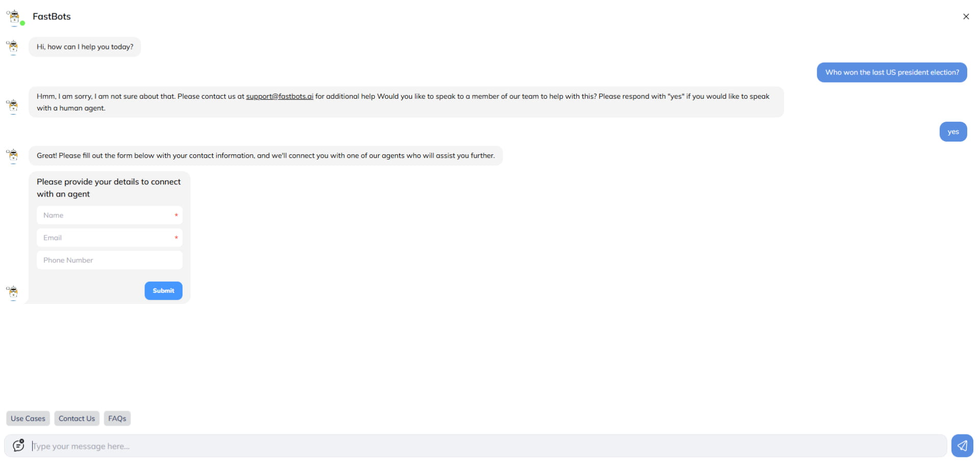 If the user replies with "Yes", they’ll be prompted to fill out a contact form before being connected to an agent.