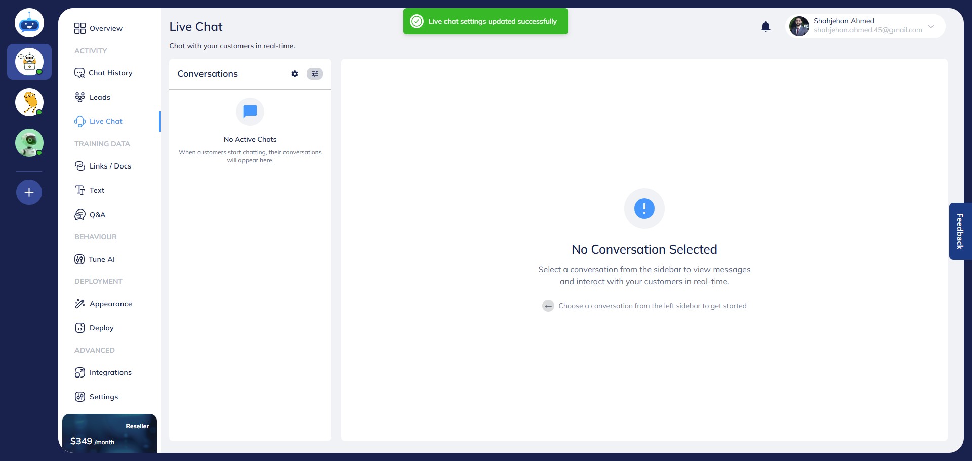 Upon clicking on the save button, a confirmation message will appear stating: **Live Chat Settings Updated Successfully.**