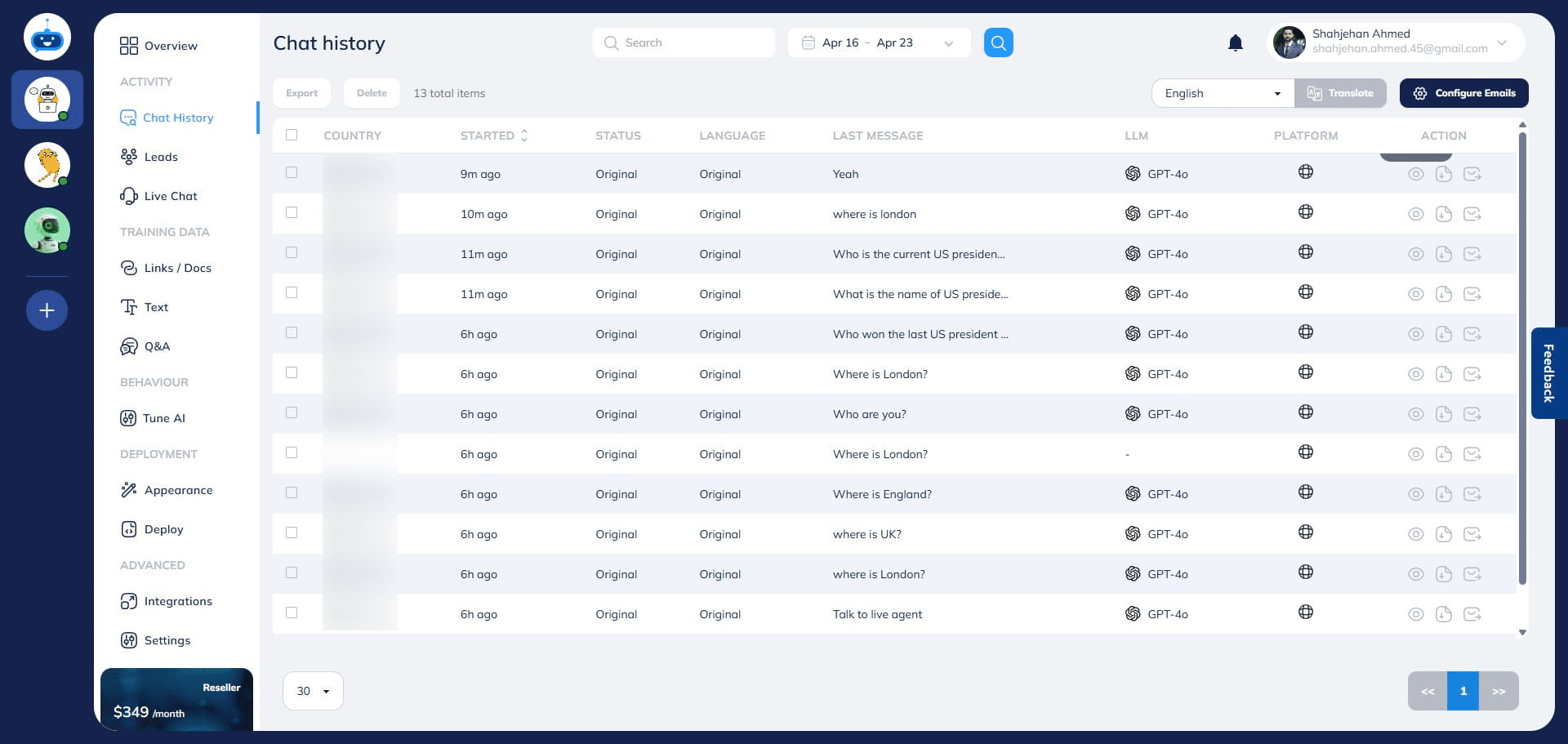 To view past chats, go to the **Chat Histor**y page and click **View Chat** to open the transcript.