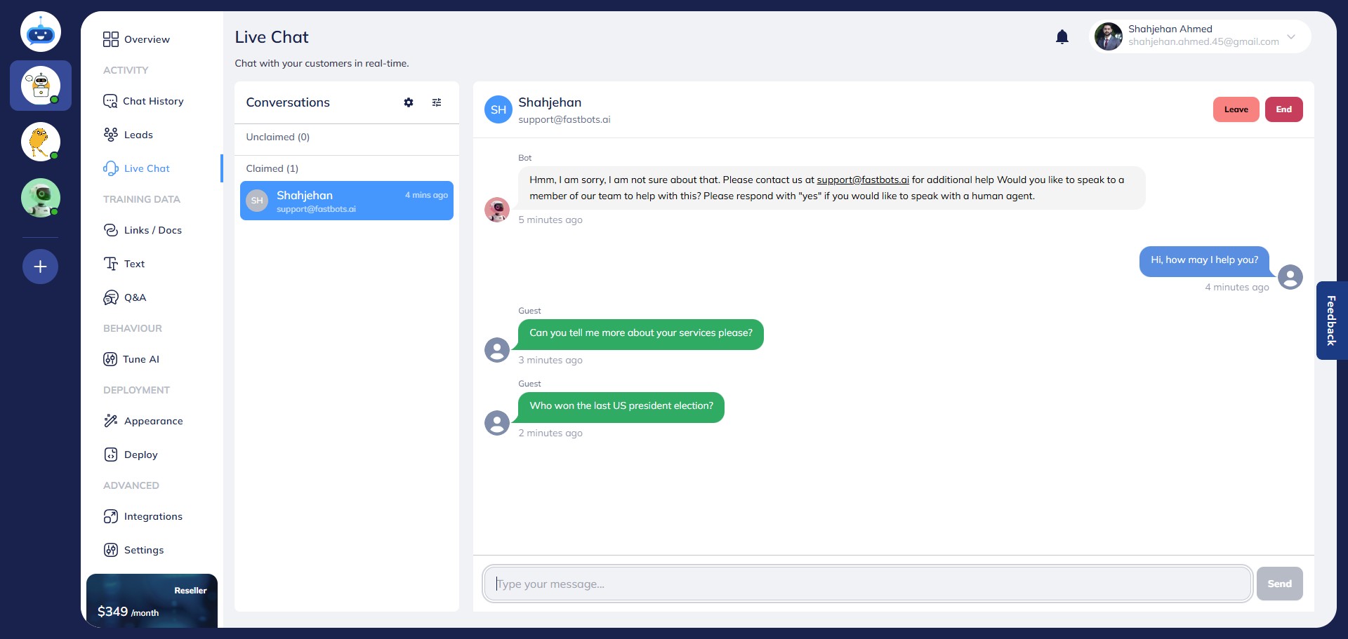 The live agent can now respond to the user by typing a message and clicking "Send".