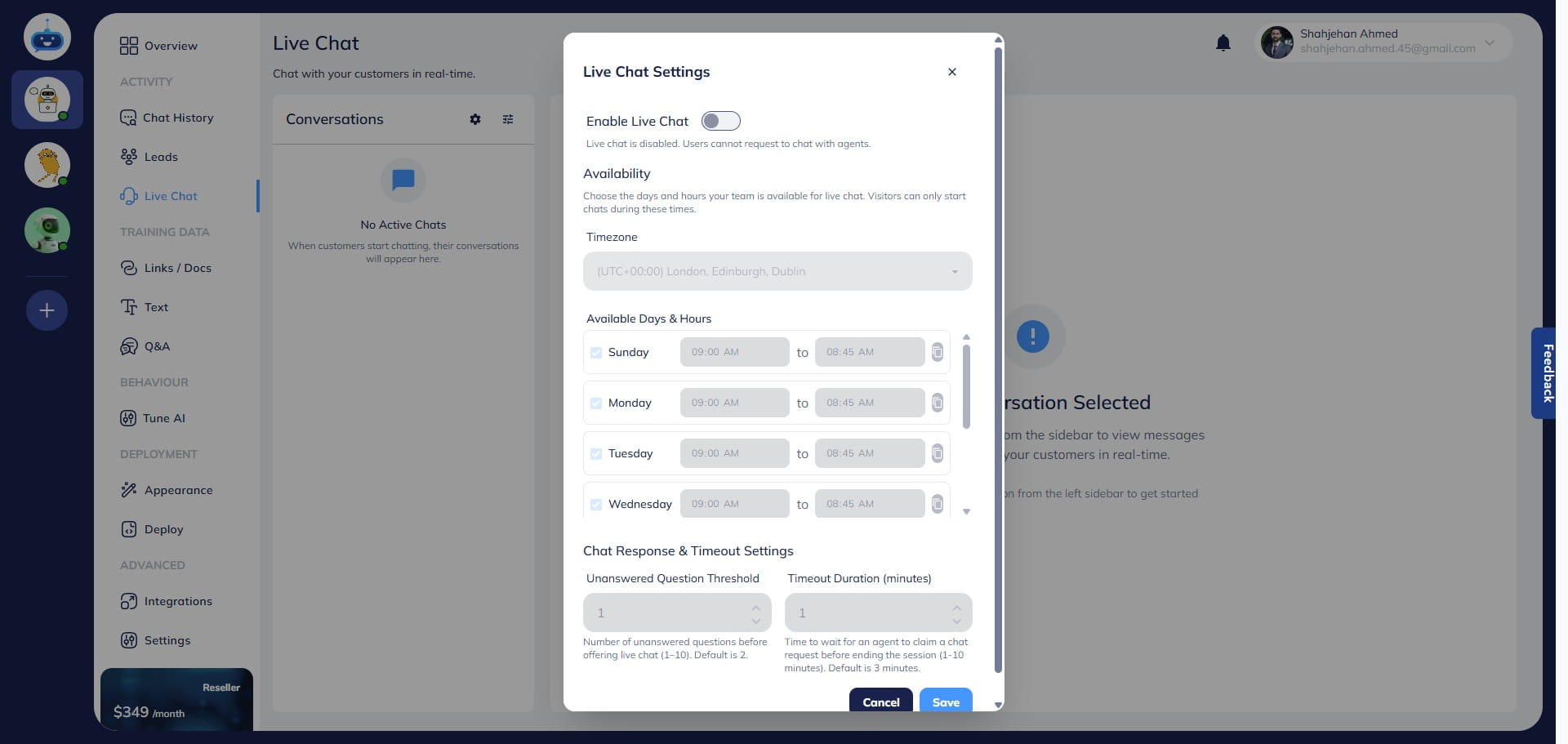 Toggle the **Enable Live Chat** switch to activate the feature.