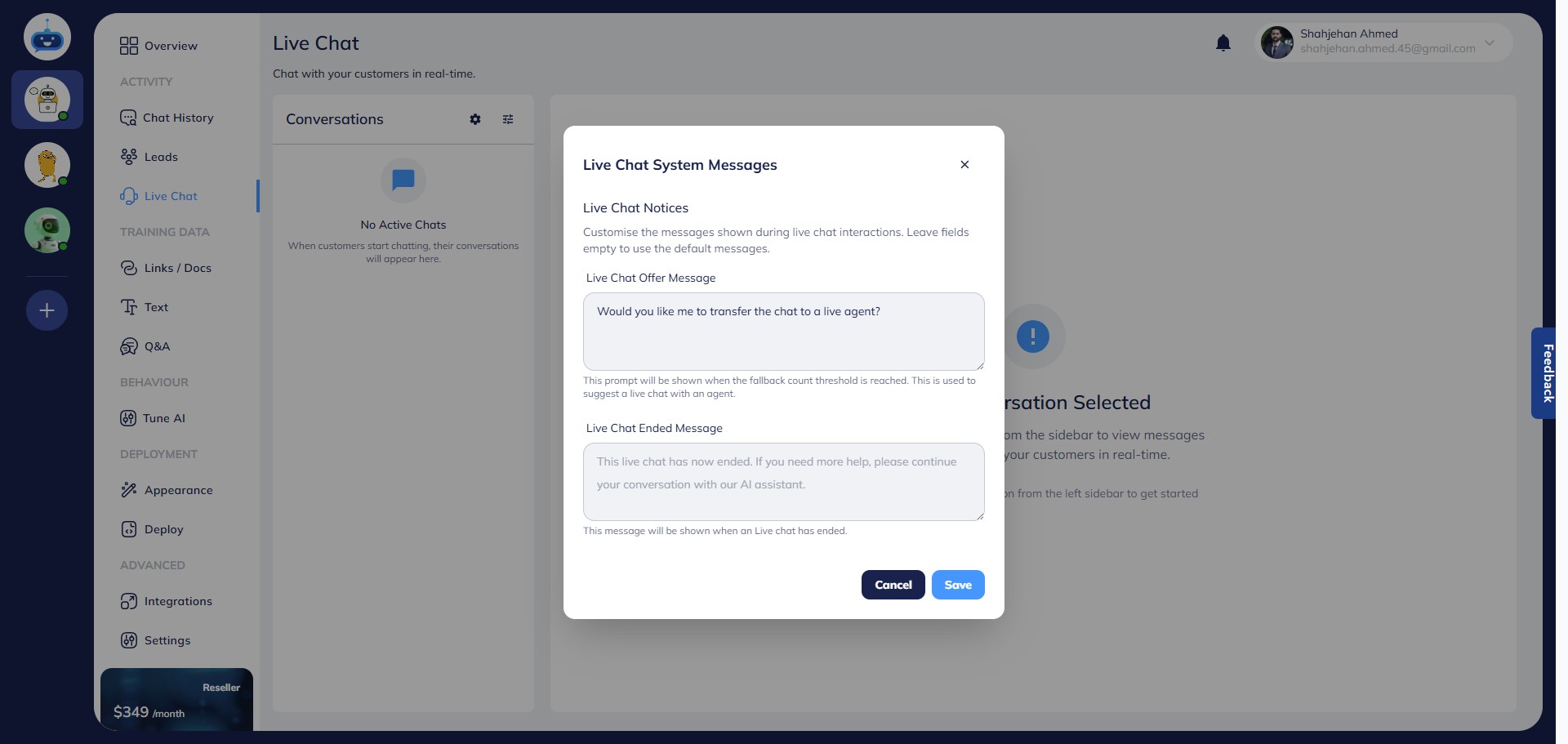 To customize the Live Chat Offer Message, enter your desired text in the corresponding field.