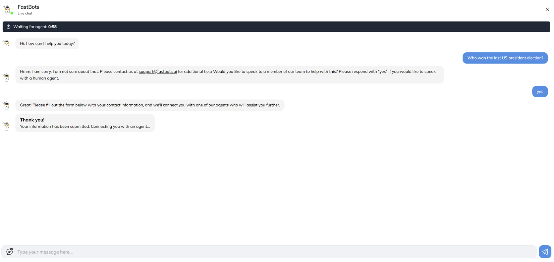 Upon submission, the **Chat Transfer Message** is displayed, and a **countdown timer begins**—this reflects the time remaining for an agent to claim the chat, based on your Timeout Duration setting.