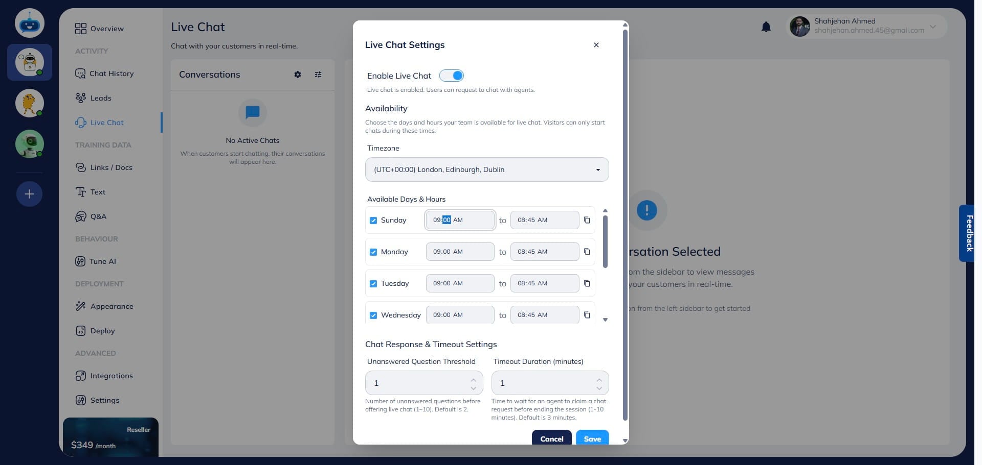 Define your **availability hours**—the chatbot will only transfer conversations to a live agent during the days and times specified. Outside these hours, users will not be offered live chat support.