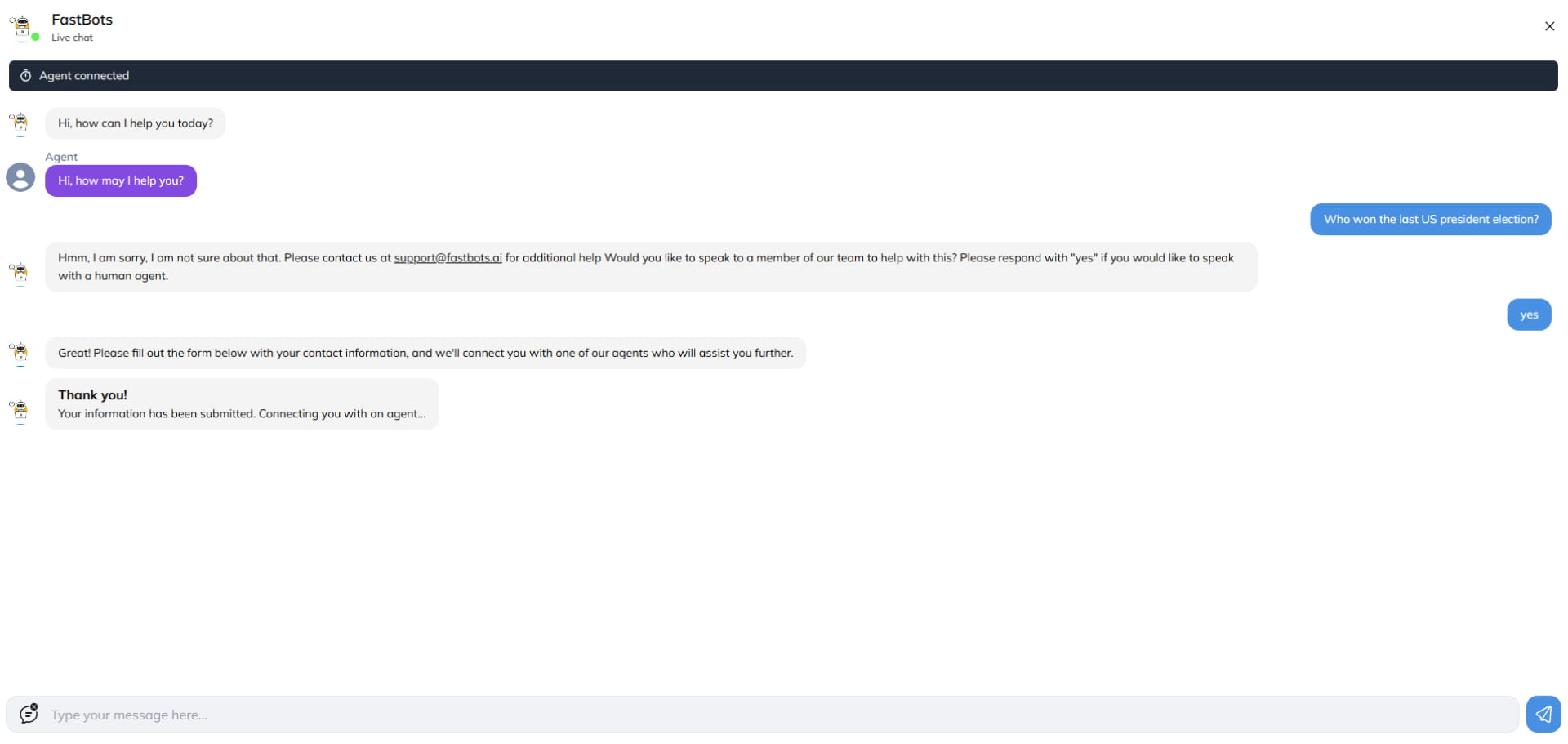 As soon as the chat is claimed, the user will see an **Agent Connected** message.