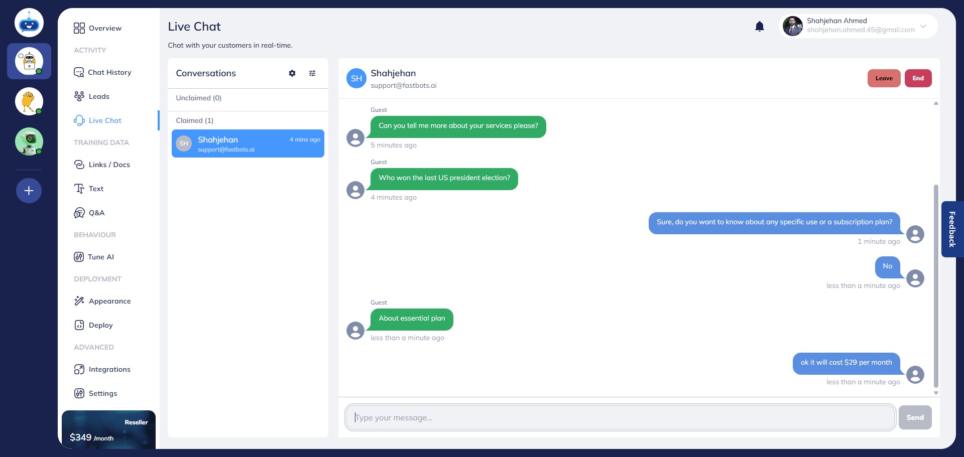 If the agent wishes to exit the chat session, they can click the "Leave" button.