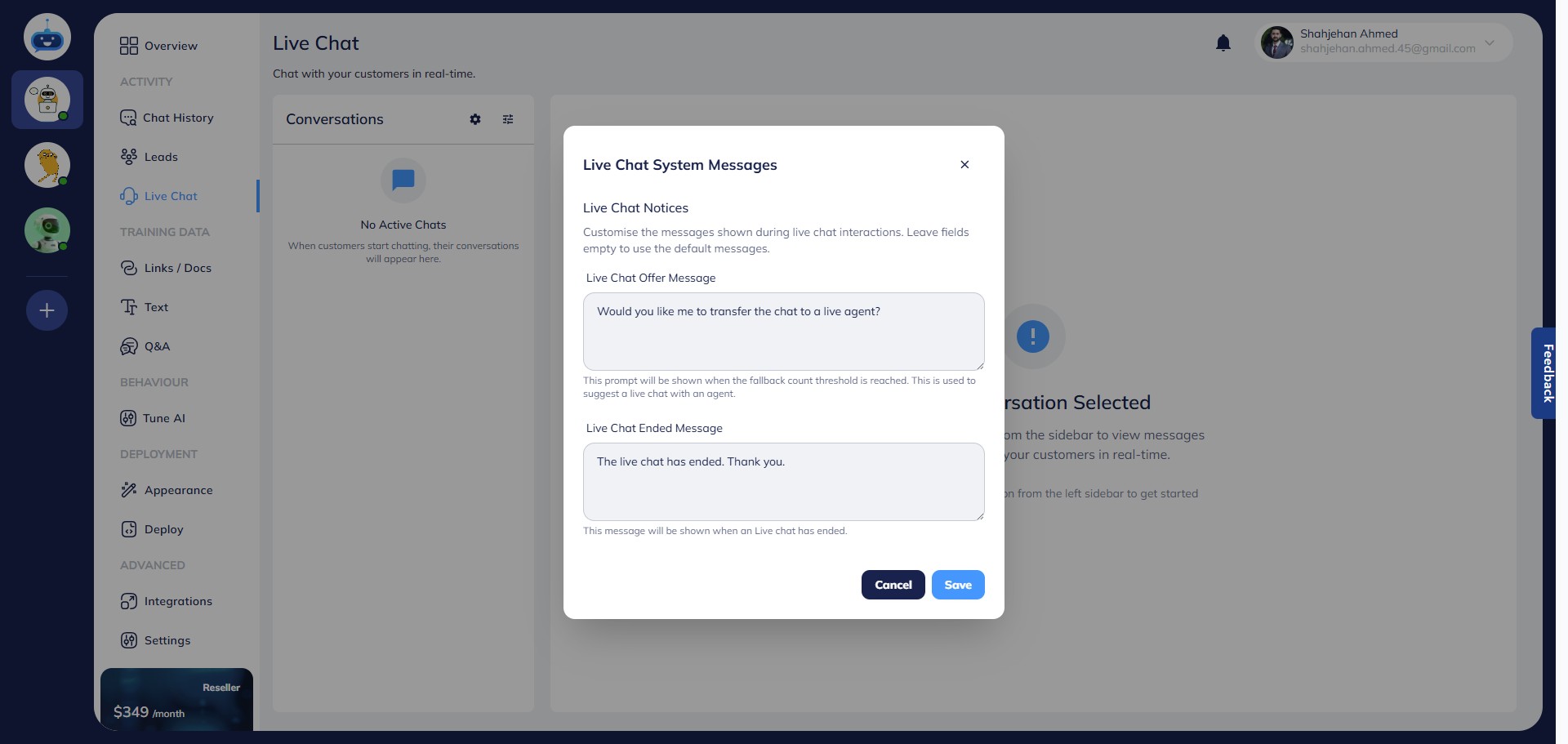 To change the Live Chat Ended Message, input your message in the appropriate field.