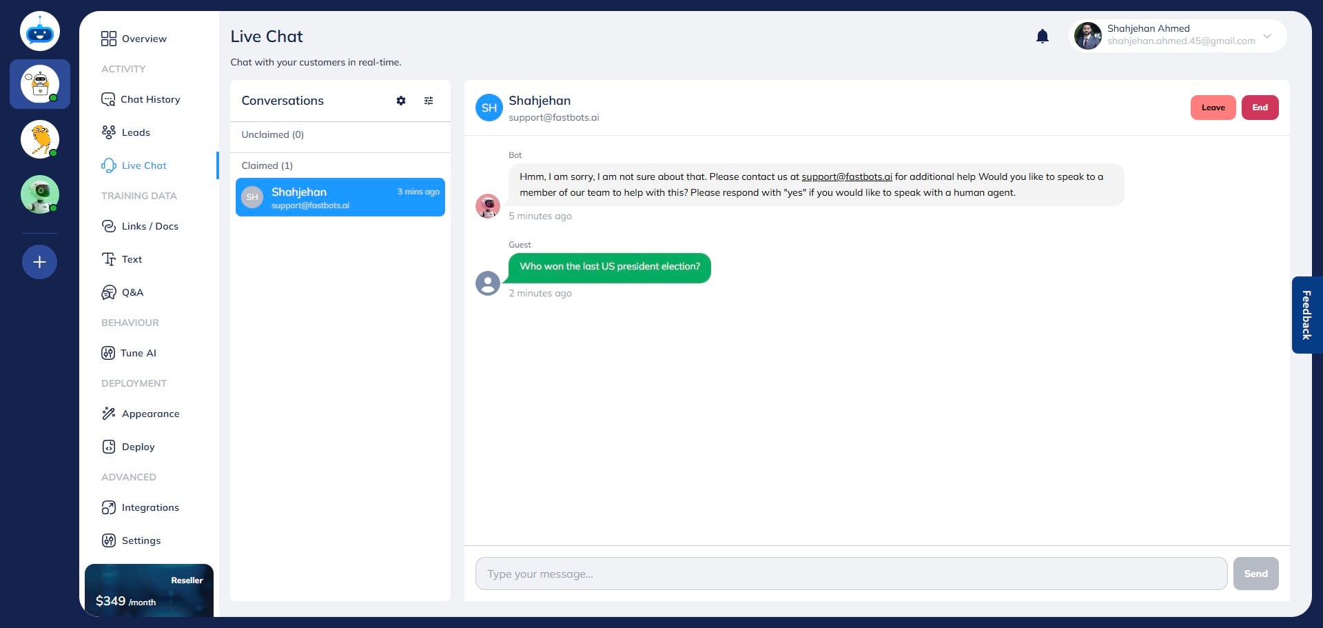 Click on the chat to open it and view the full conversation history between the chatbot and the user.