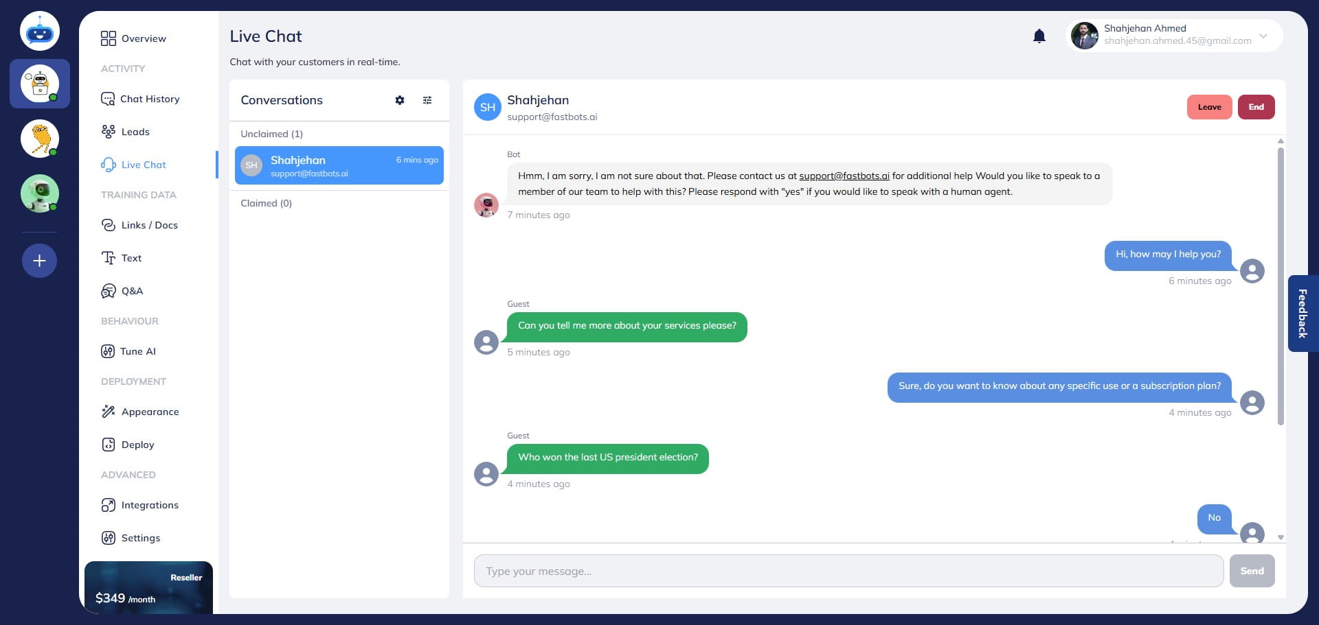 After the agent leaves, the session returns to the **Unclaimed** section.