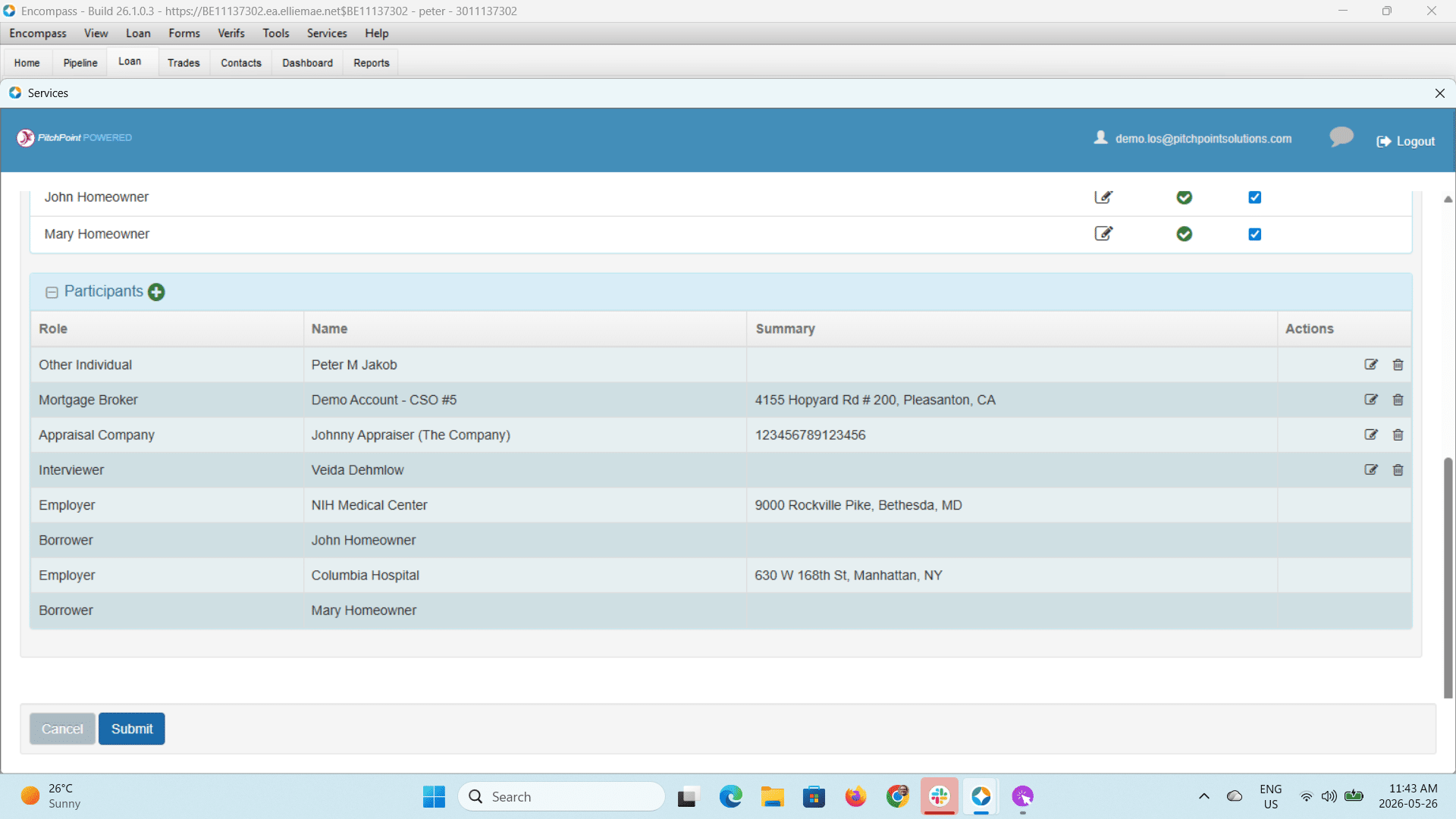 The ADV-120 screen will now open and check your loan data for completeness for a fraud check.  
**Borrower Profile Sync:** Up to six individual borrower files are automatically pulled forward into a consolidated verification list.
**Participant Contact Mapping:** Essential transaction participants—including final Appraisers, Title Entities, Sellers, and Employers—are mapped seamlessly into a structural database table at the base of the screen.
**Pre-Flight Validation Indicator Check:** Before any data is submitted, background filters run a validation sweep. System-level status indicators instantly flag files for complete records (via a green checkmark circle) or missing mandatory details like a missing date of birth or invalid formatting (via a red checkmark circle). Missing details can be corrected by editing the specific data row to sync the file effortlessly
Clicking <**Submit>** pushes the compiled, synchronized data into PitchPoint’s proprietary background processing rules. The system cross-references databases to execute parallel background verification tasks—including identity investigations, active MERS lien tracking, employer validation, and appraiser watchlist audits.