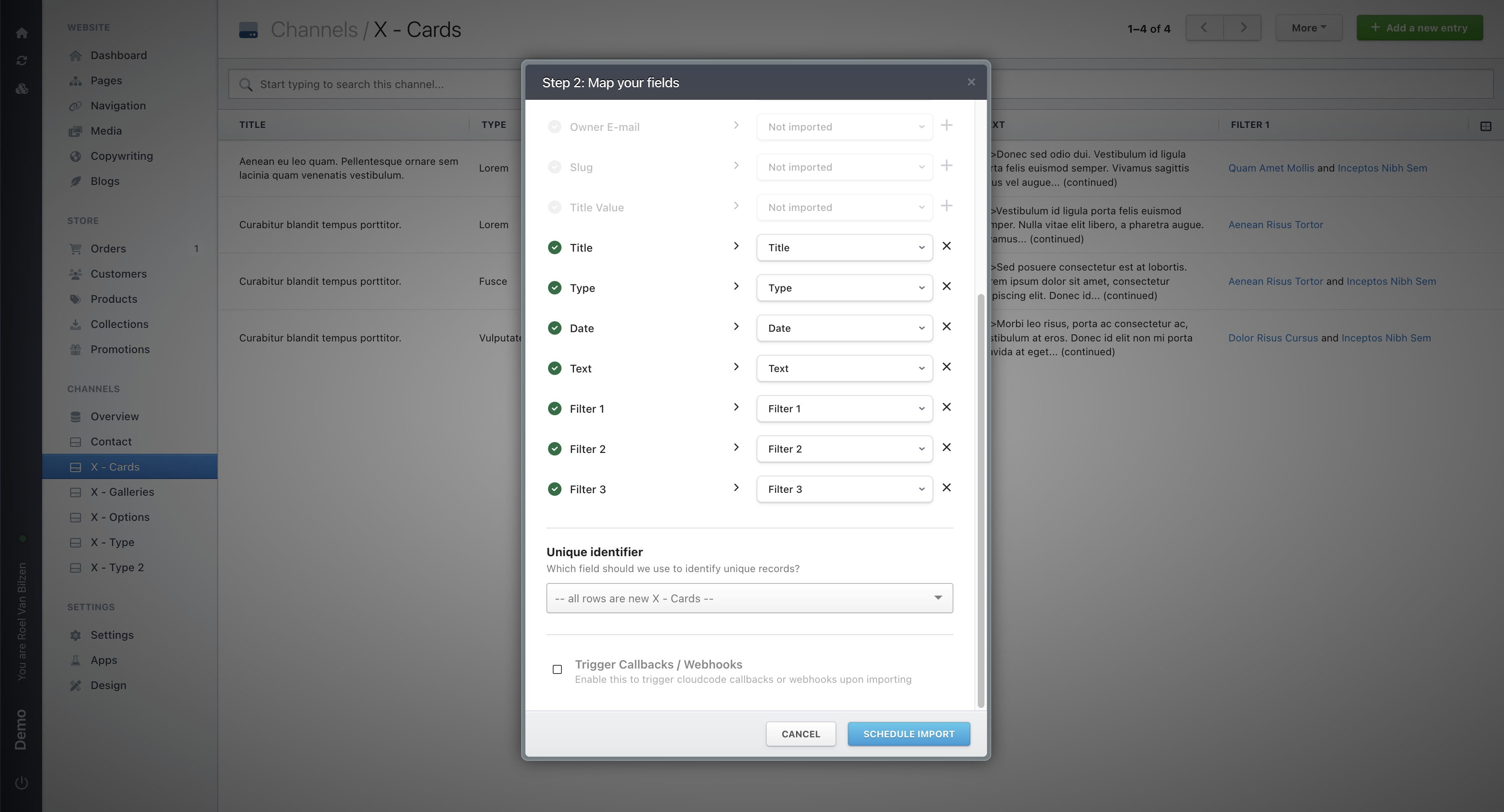 Select a “Unique identifier” to link the uploaded fields with existing entries in the channel. If no matching entry is found, a new entry will be created.