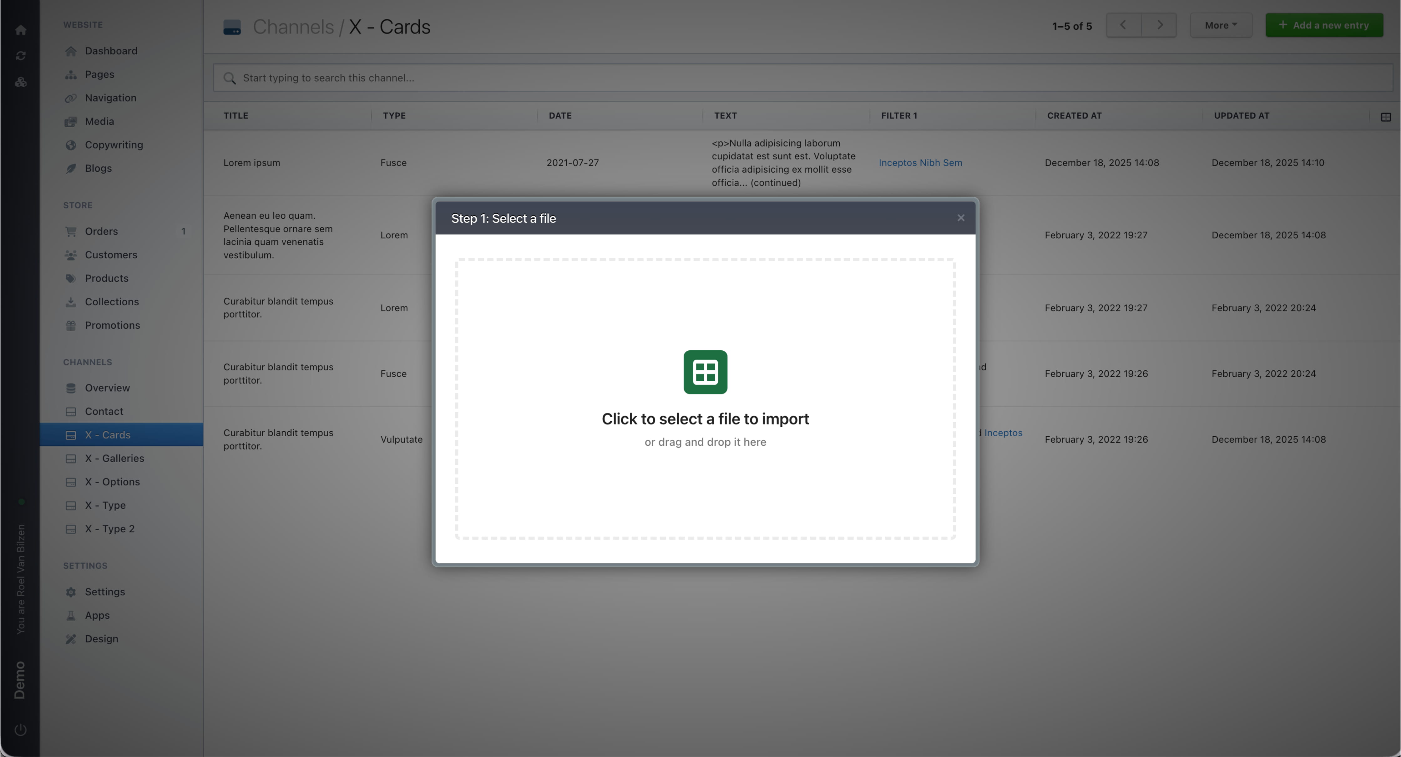 Select a file to import or drag and drop it in the pop-up.