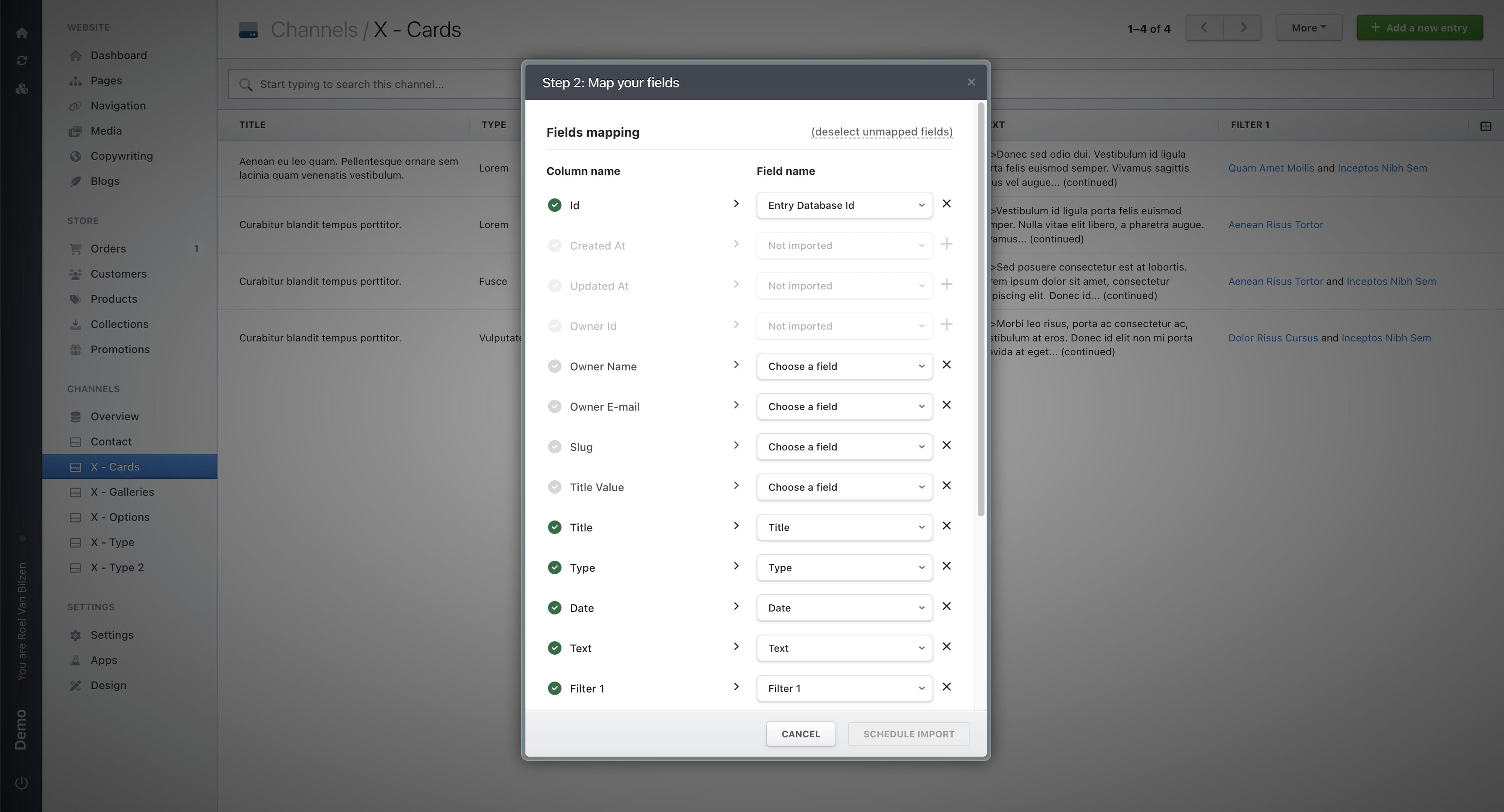 Click “(deselect unmapped fields)” to deselect all fields that are not mapped. All mapped fields are marked with a green checkmark on the left.