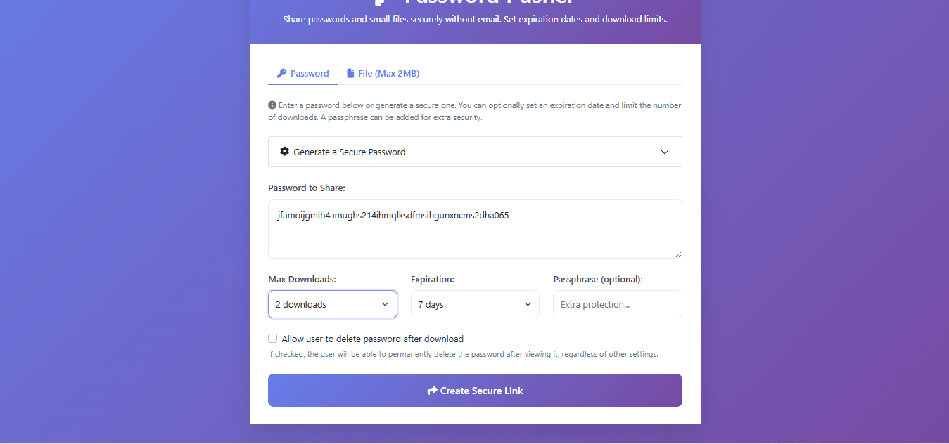 Cliquez sur ''create secure link''