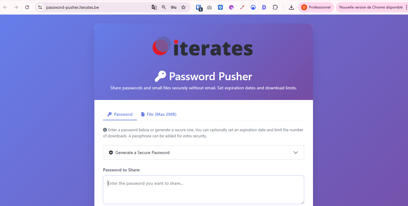 Accédez à la page de Password Pusher d'iterates  :
Rendez-vous sur le site https://password-pusher.iterates.be/