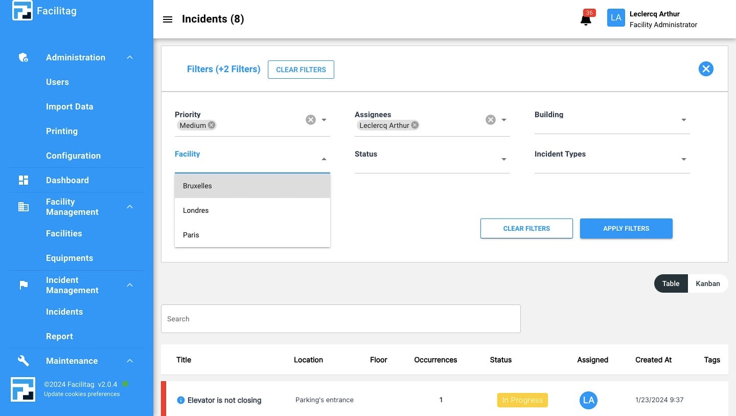 Select more Filters if needed, such as facility, building, status, incident type or equipements
