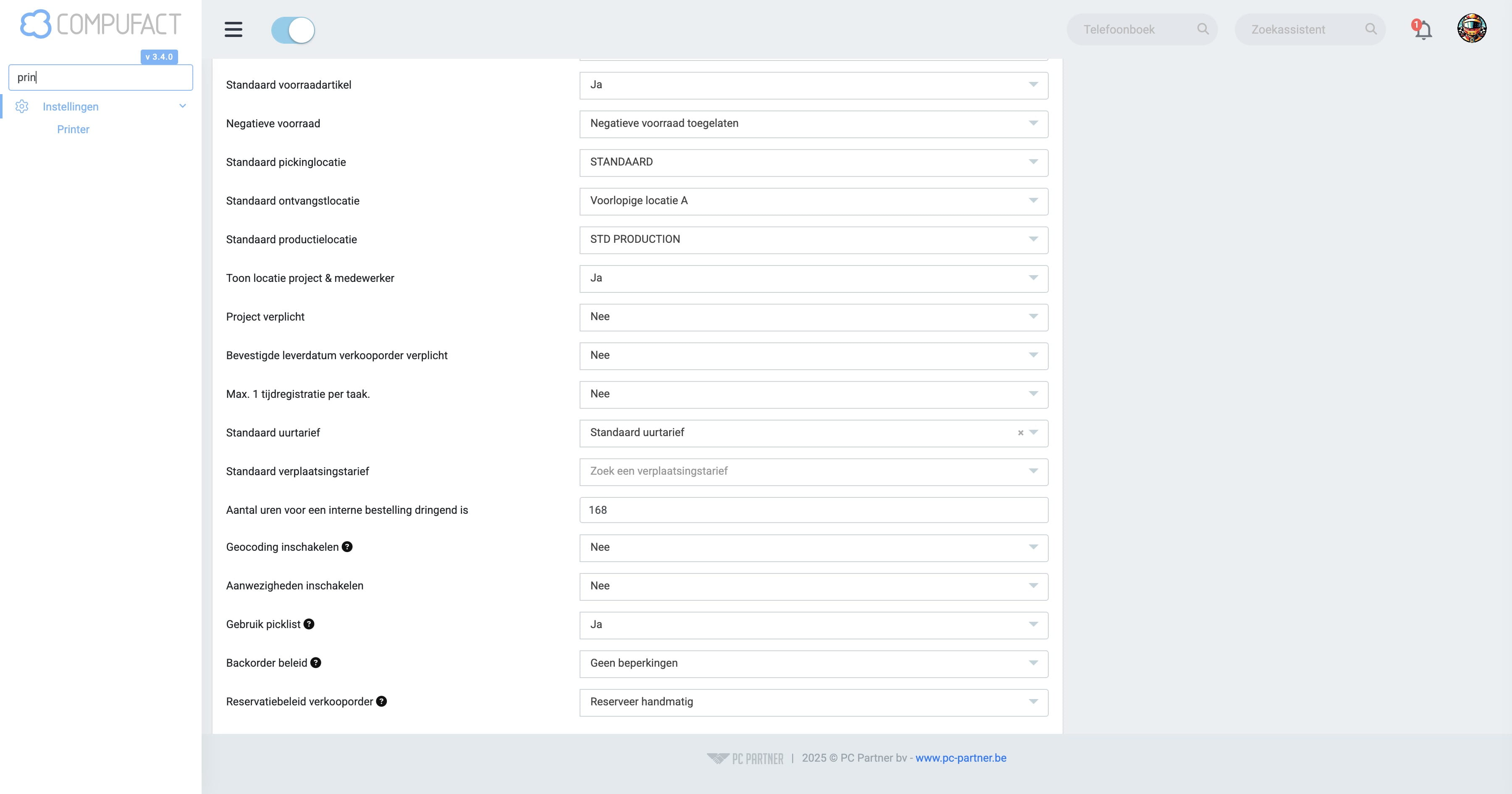 Klik op "Menu: Instellingen > Printer"