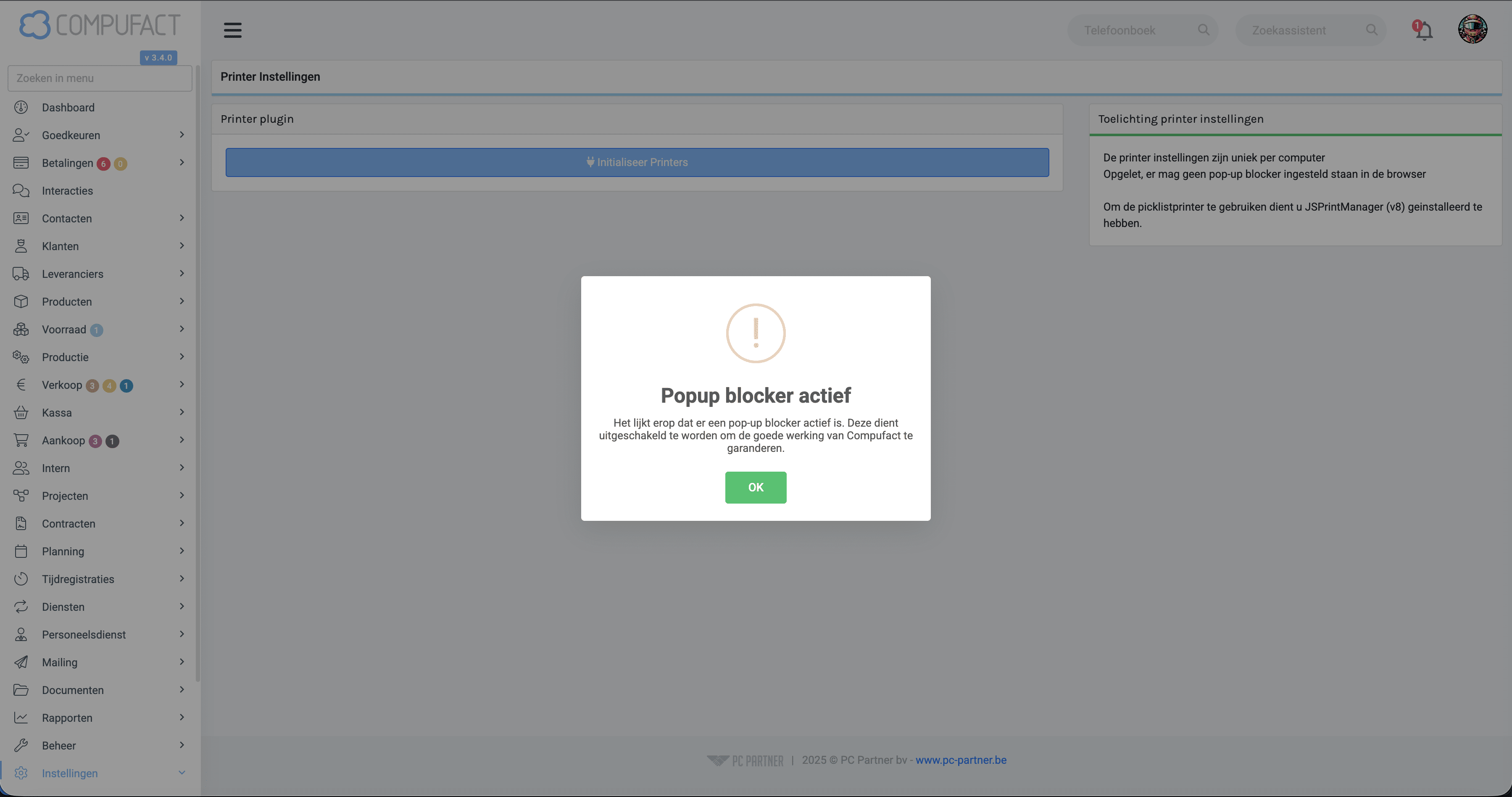Indien er een popup blocker actief is die je deze uit te schakelen voor Compufact. Dit is per browser een andere procedure.