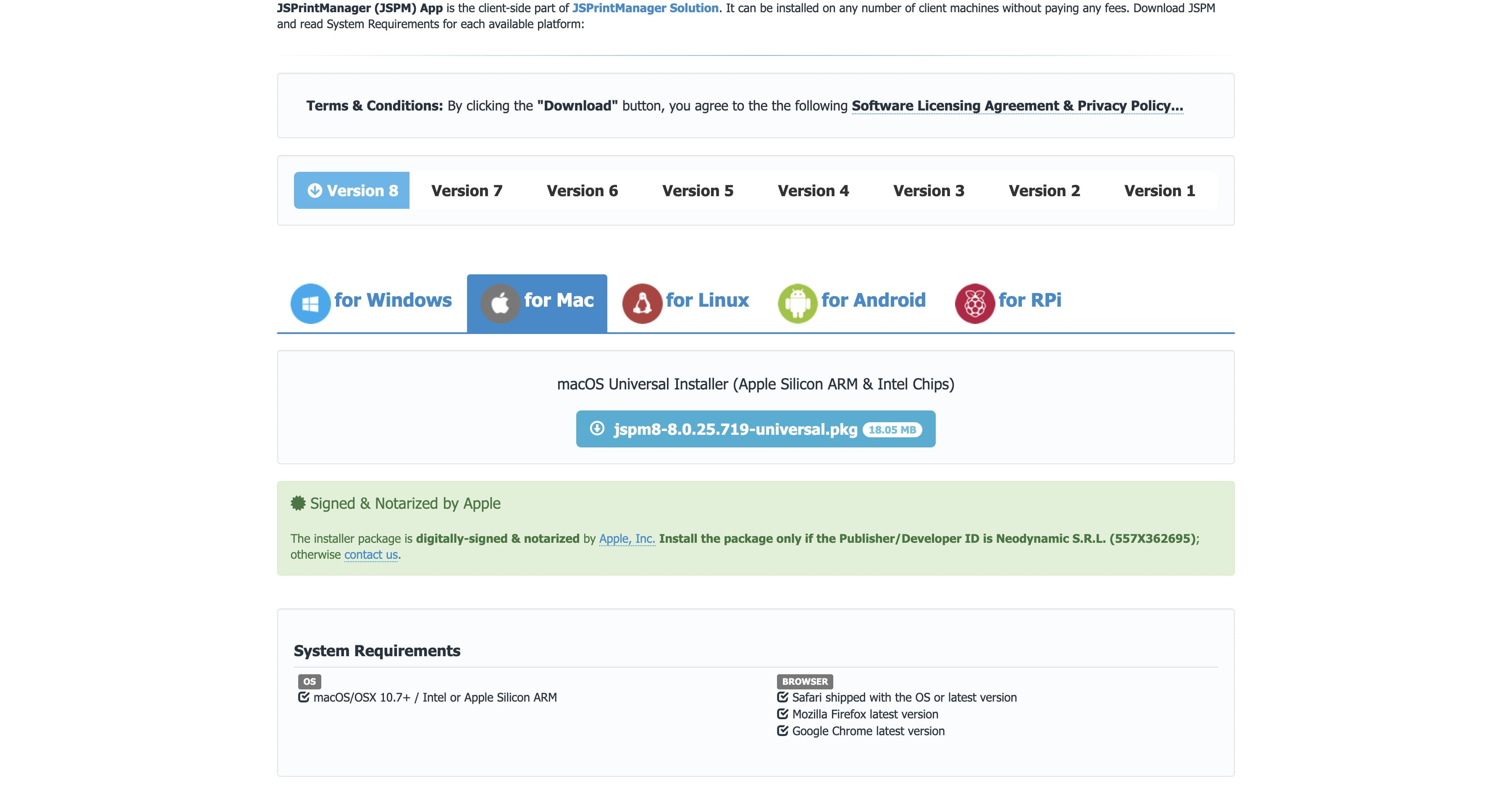 Normaal wordt je besturingssyteem automatisch geselecteerd, klik op de downloadknop "jspm8-8.0.25.719-universal.pkg" en installeer de software.