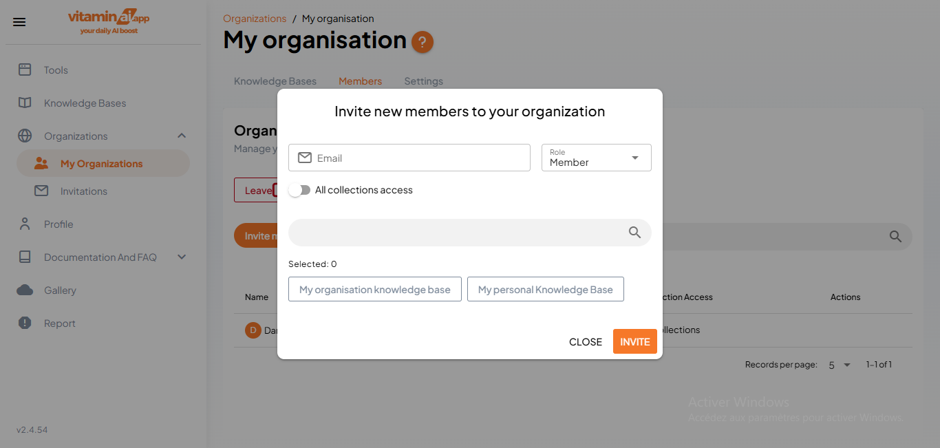 In case of specific collections access, choose the collection the user will have access to