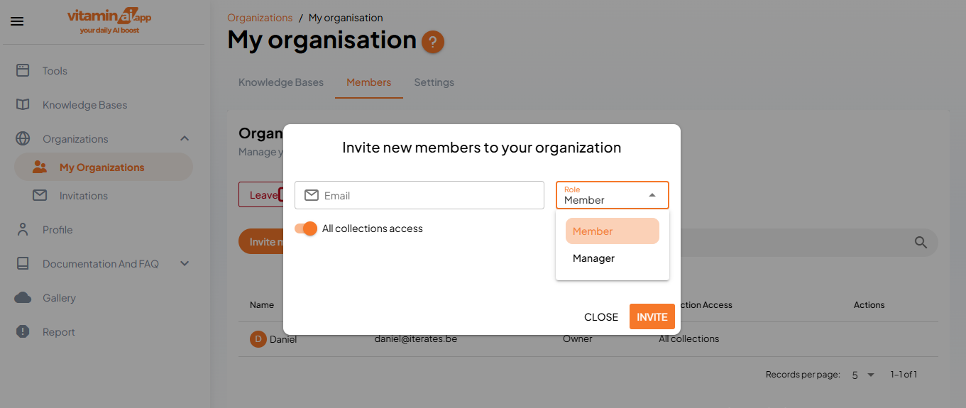Choose the user's role and authority in the organisation