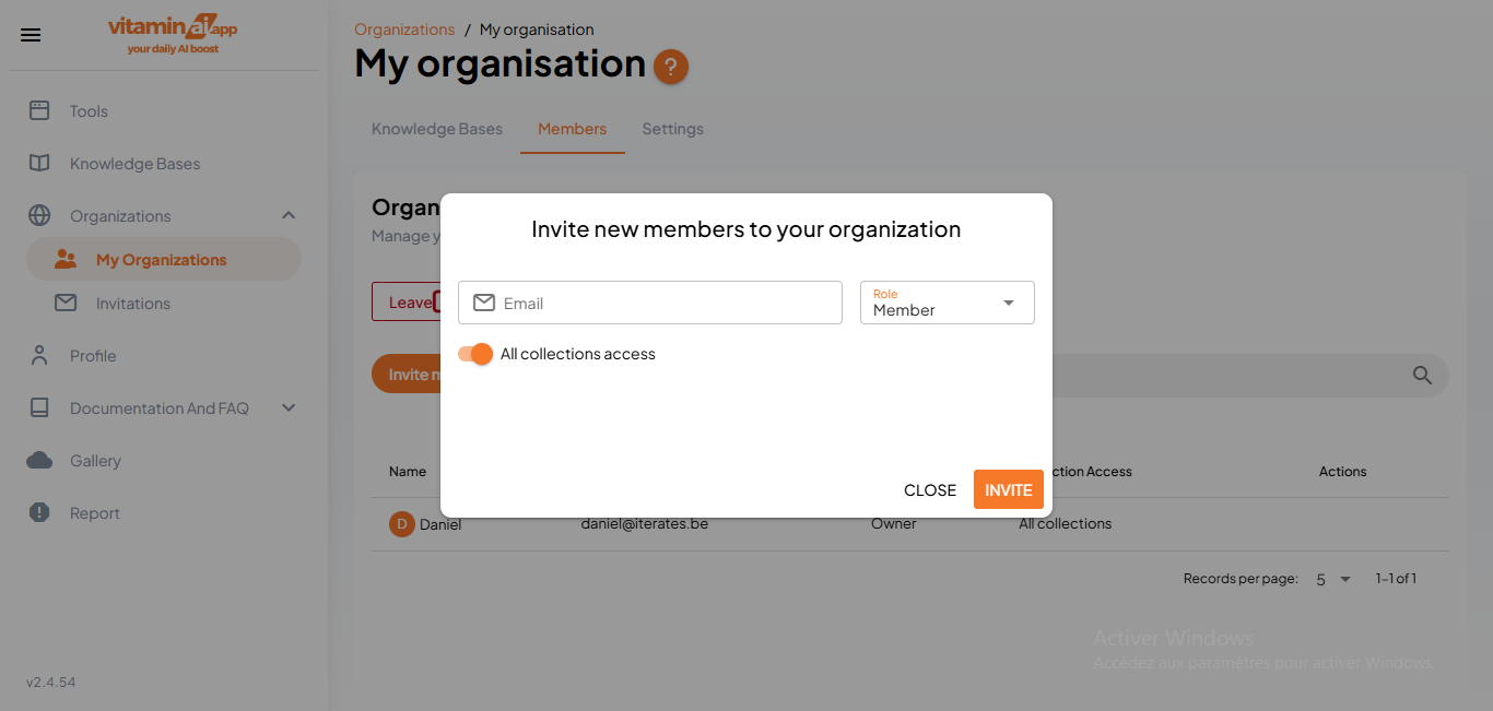 Click on "Invite" to send the invitation