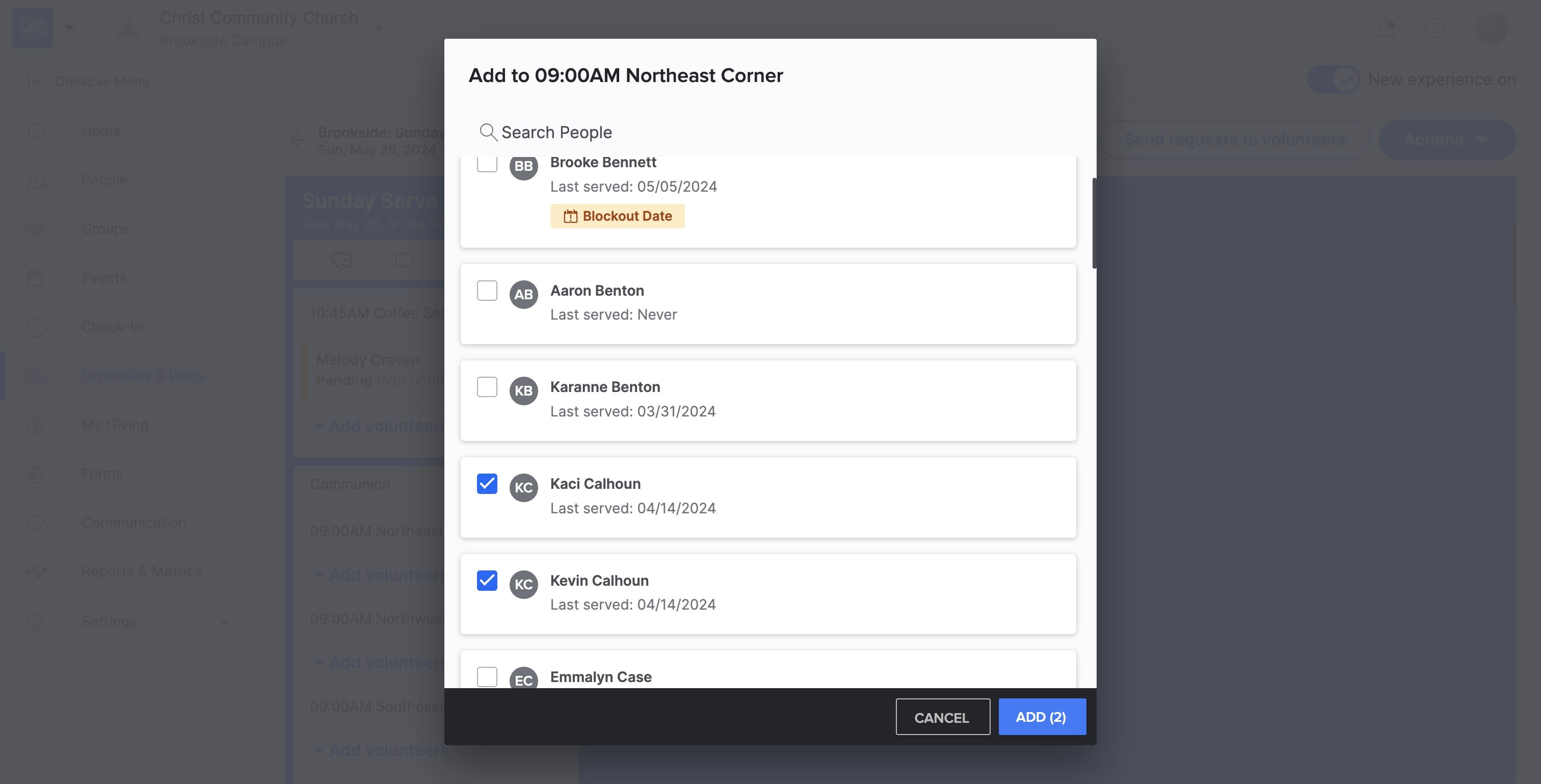 SELECT "ADD" to add the volunteers to the serve schedule