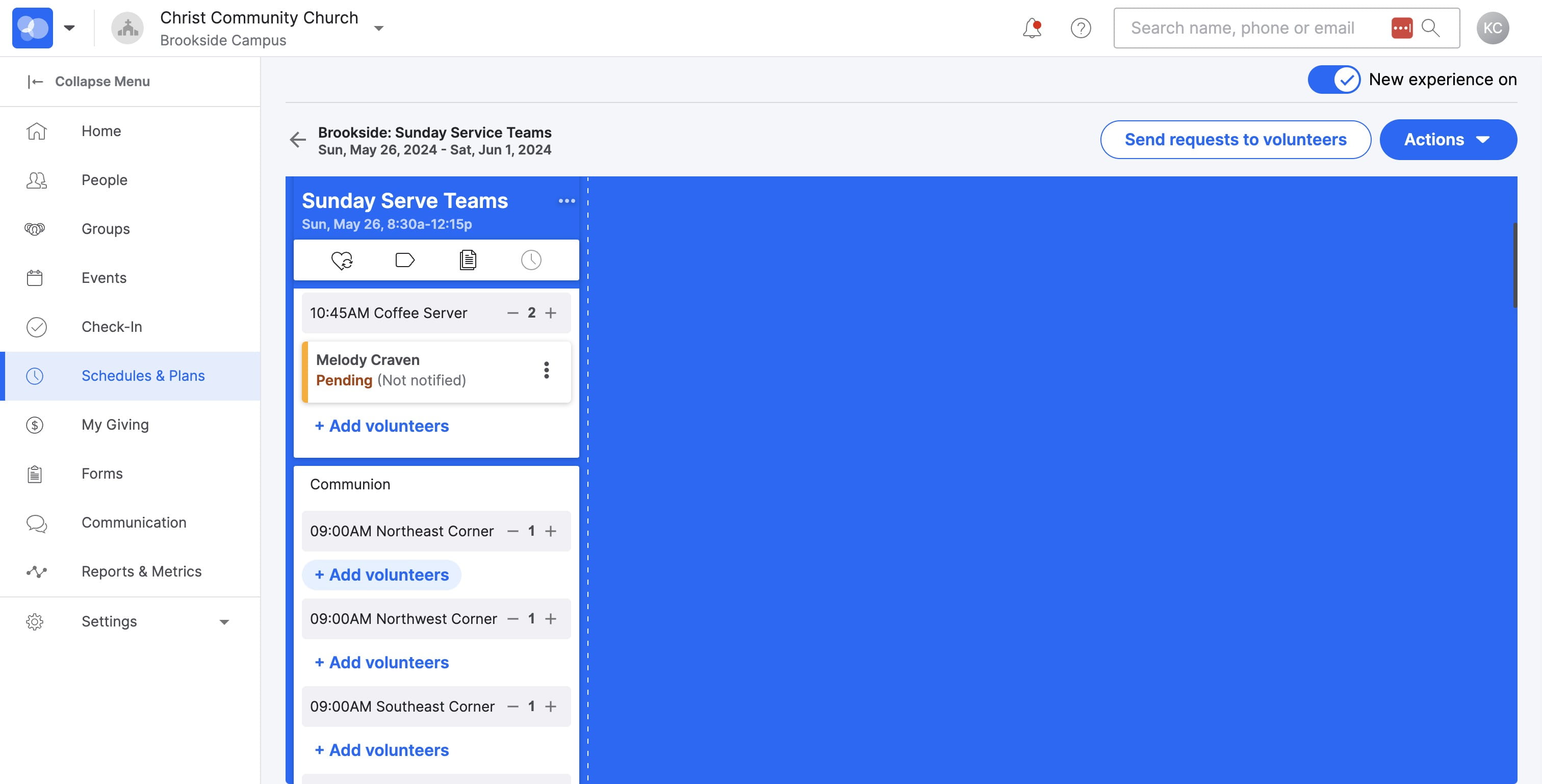 If you DON'T have a regular monthly serving rotation, SELECT "+ Add volunteers"