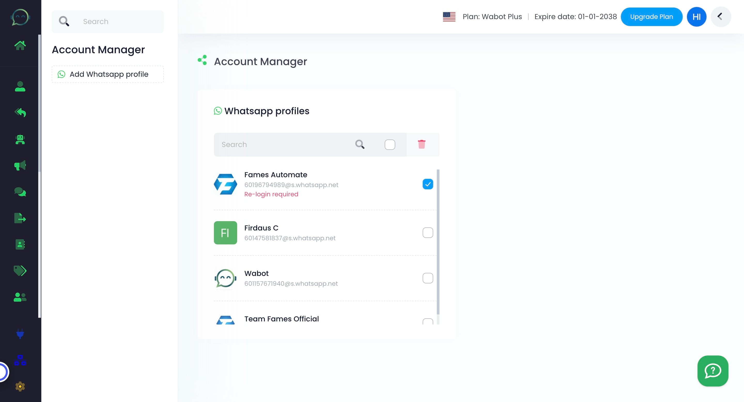 If you encounter this issue, it means your WhatsApp profile has been disconnected from Wabot. Simply click on "Re-login required" to reconnect