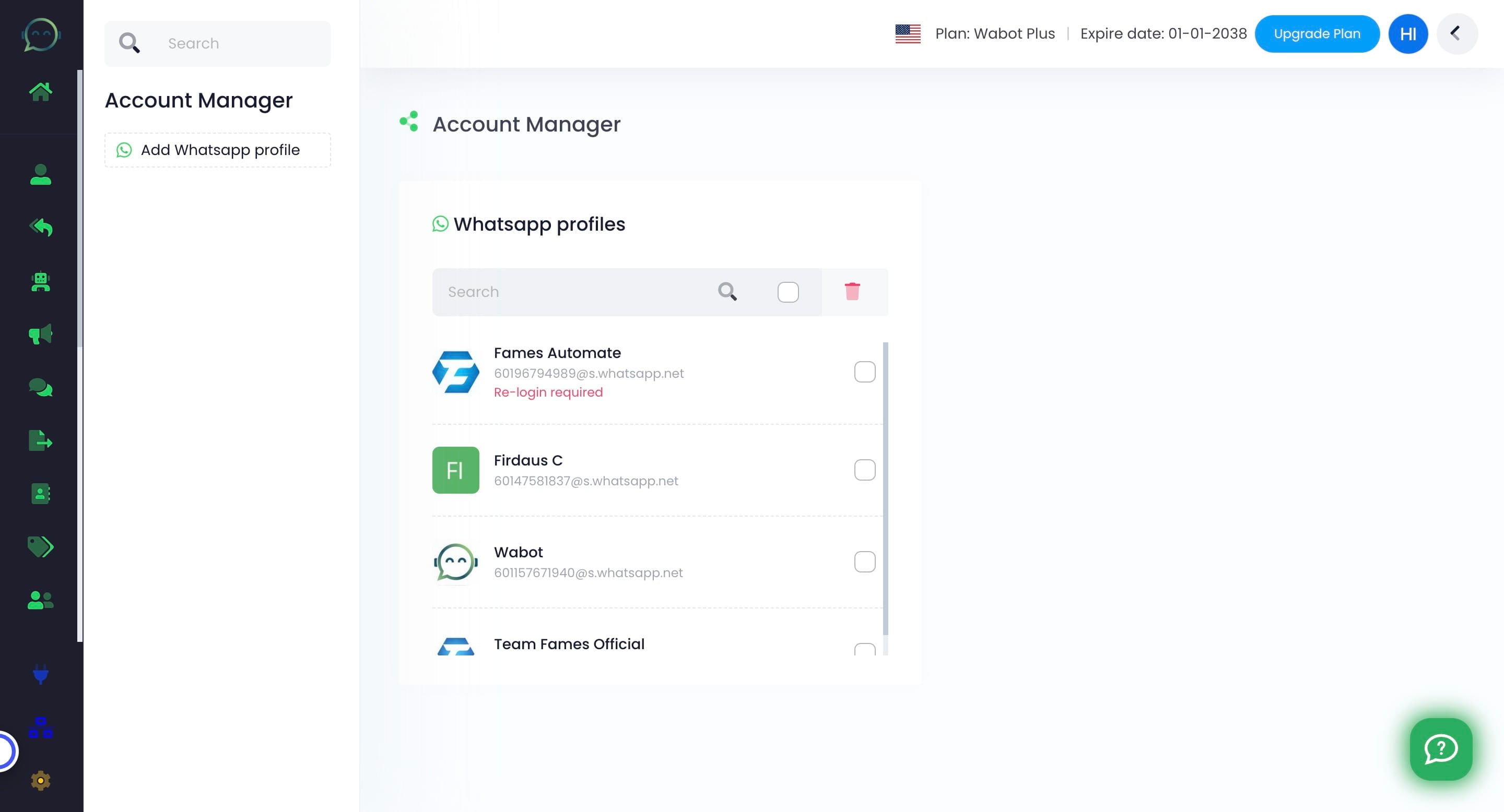 If your WhatsApp profile is connected to Wabot, your profile will appear here with your number and current profile picture