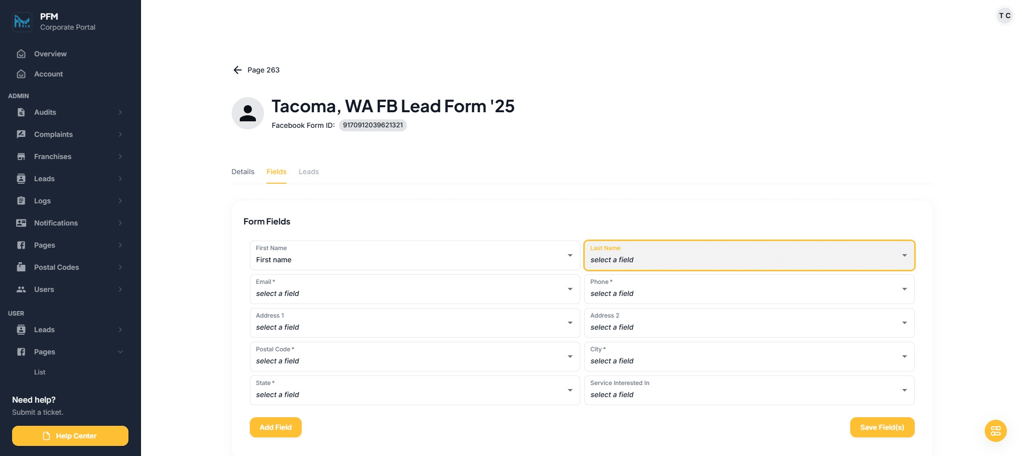 Click on "select a field"