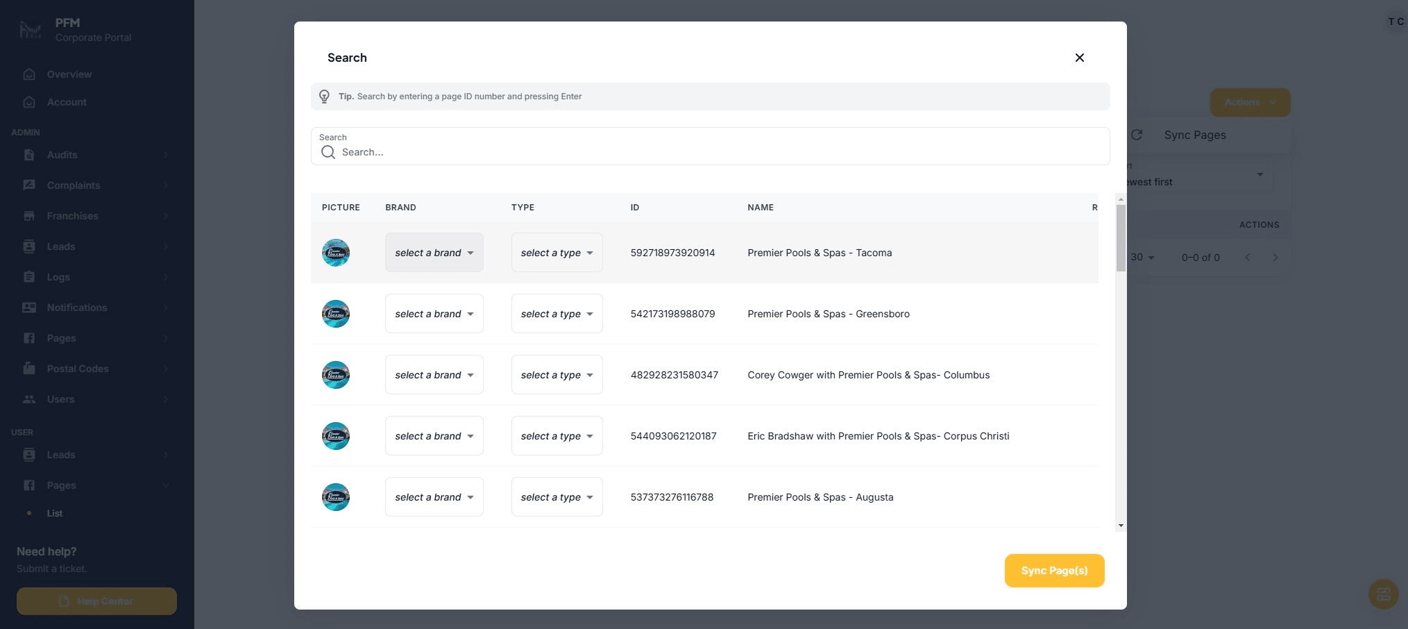 Find the FB Page and match the brand and type - Click on "select a brand"