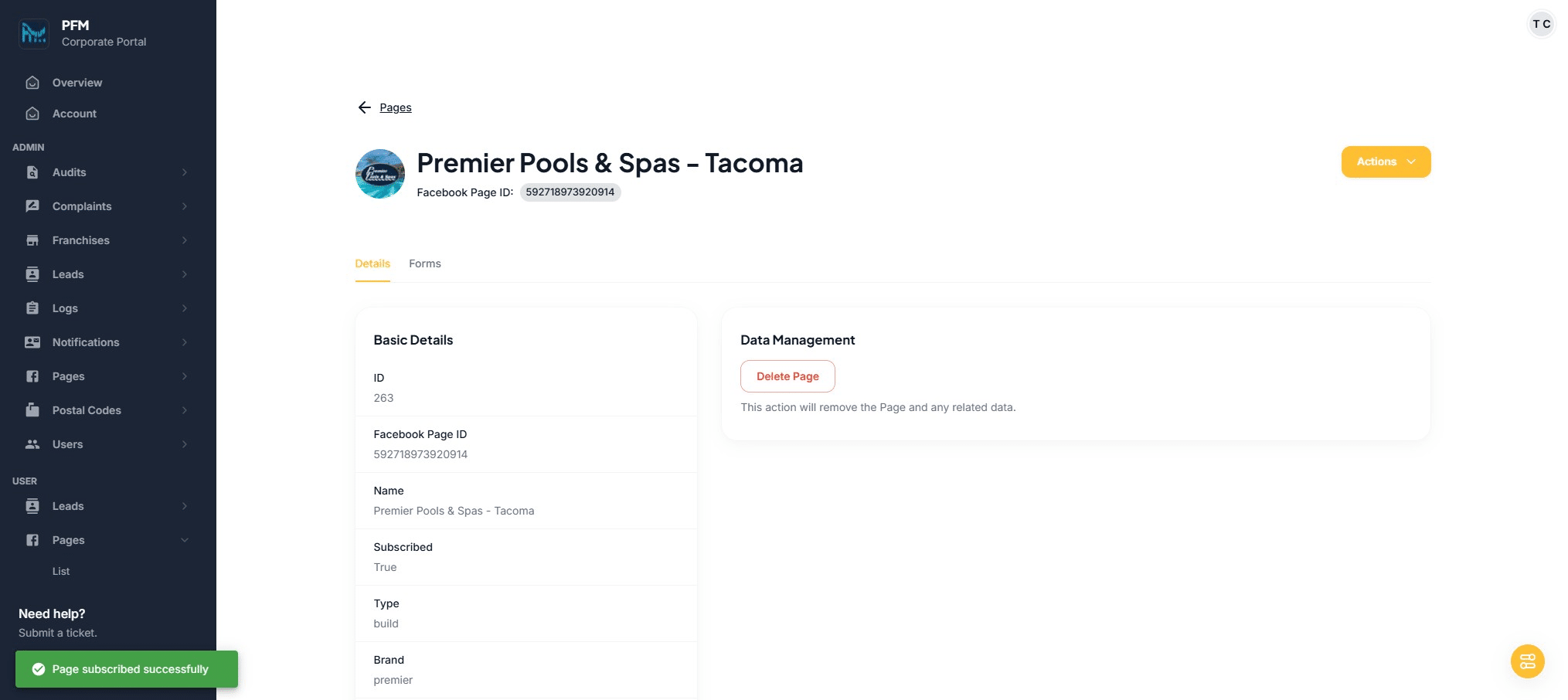 Confirming that page has been "subscribed." Click back to see page list.