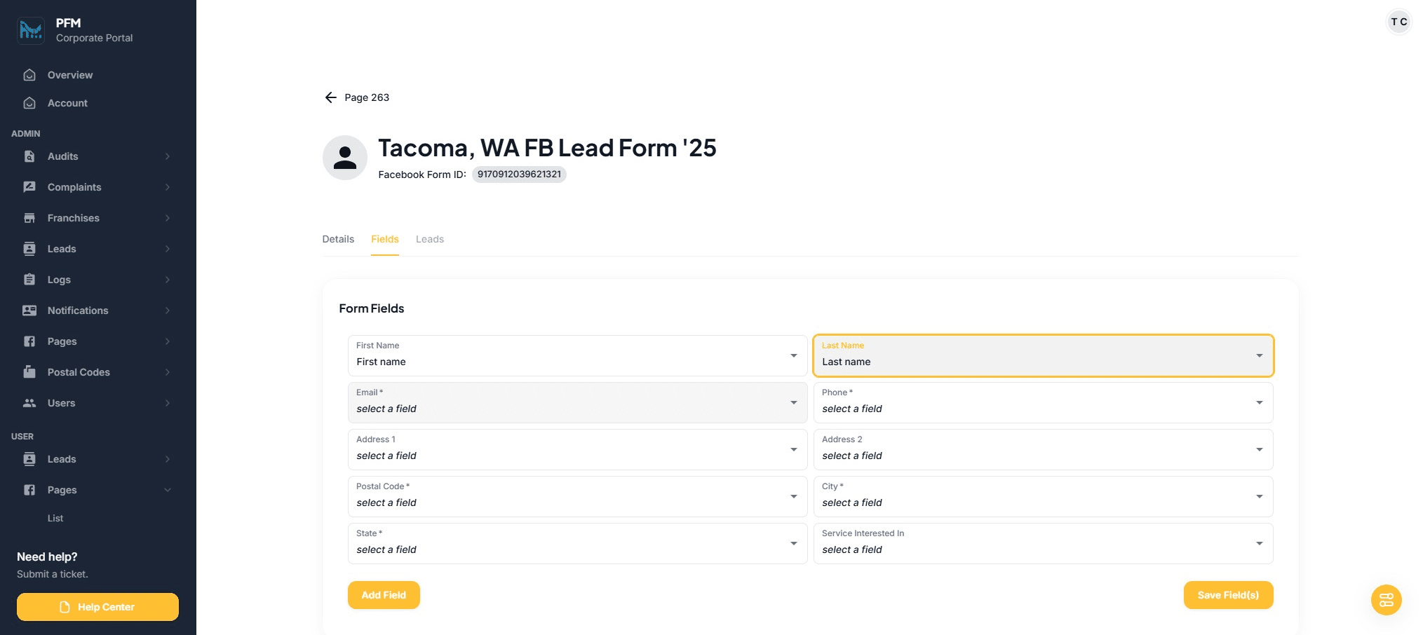 Click on "select a field"