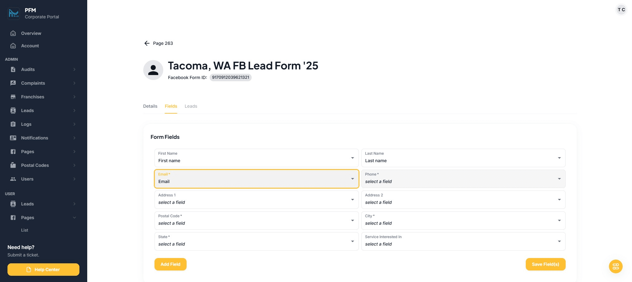Click on "select a field"
