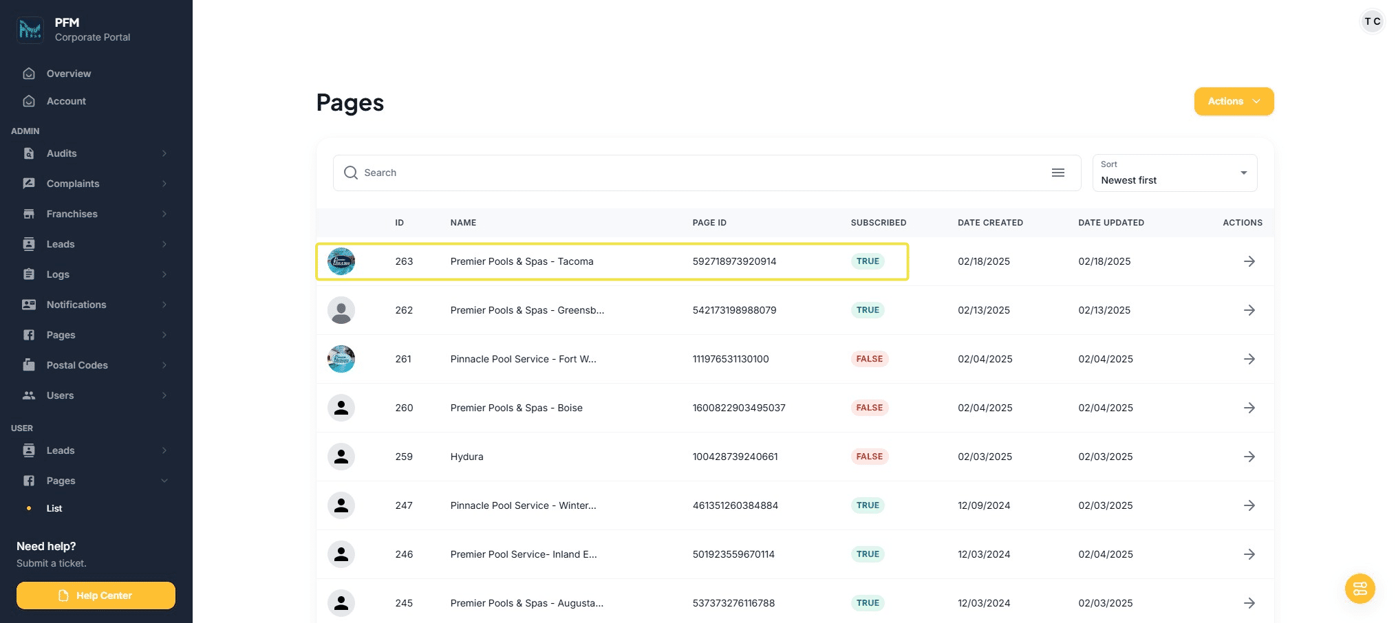 Page in list should show subscribed as "True"