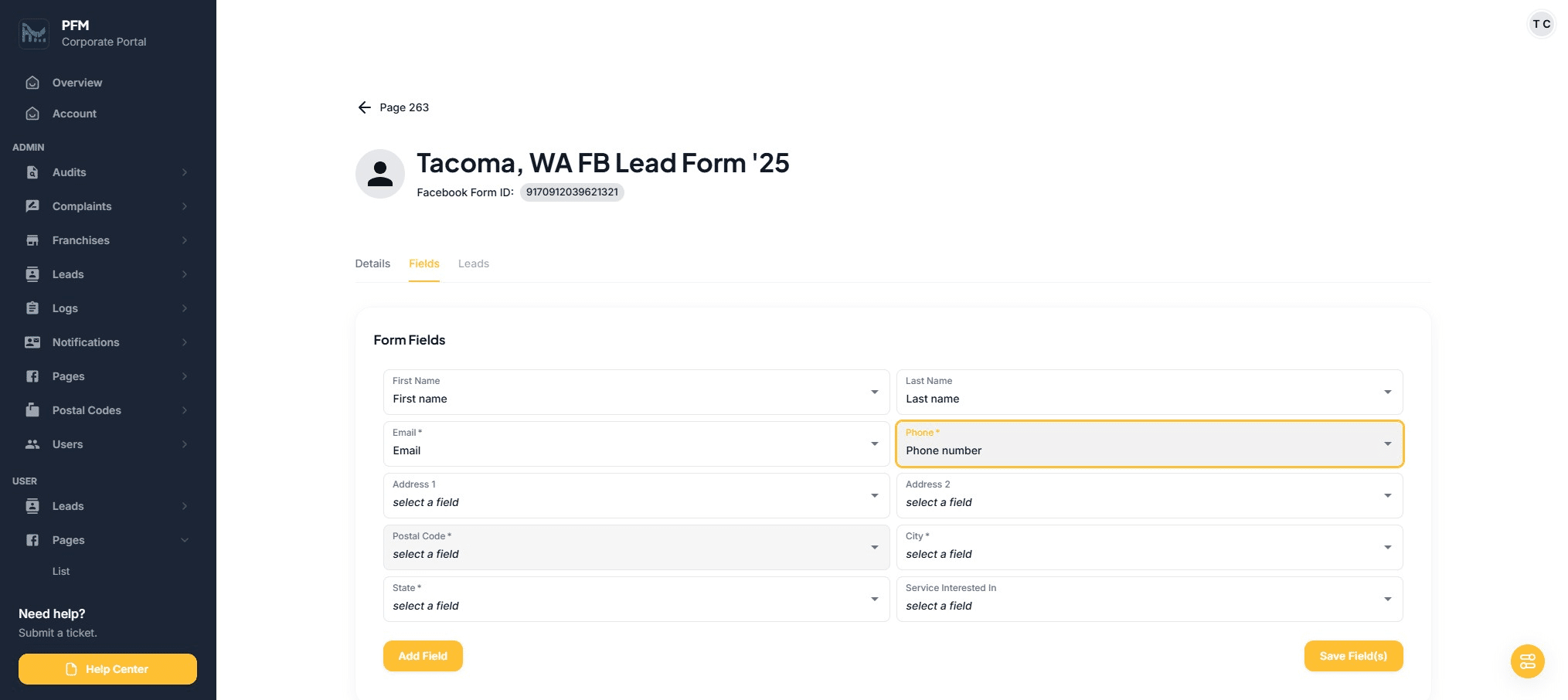 Click on "select a field"