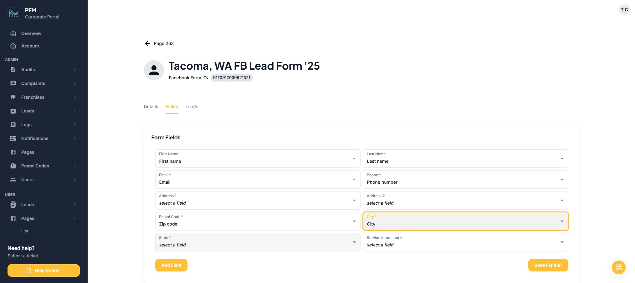 Click on "select a field"
