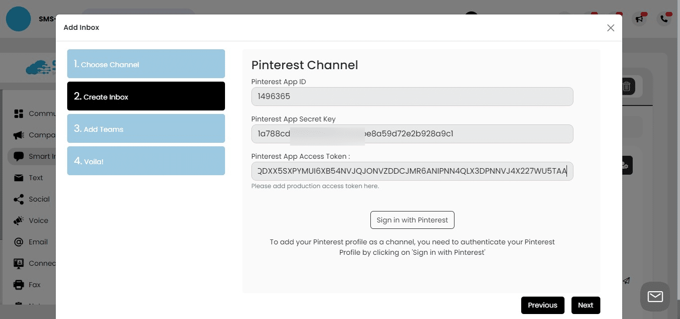 Paste into "Pinterest App Access Token"