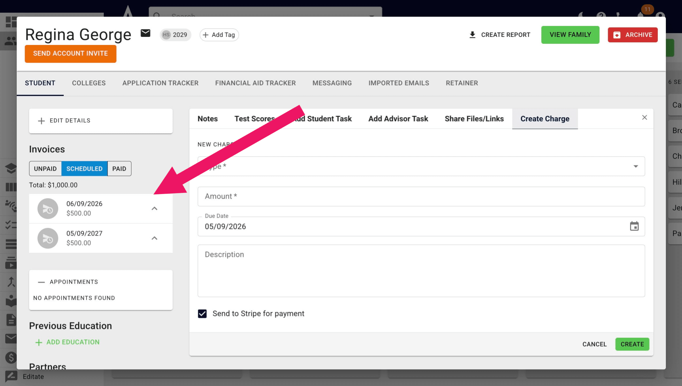 You can view any invoices under the **Invoices** section of the student's profile. 