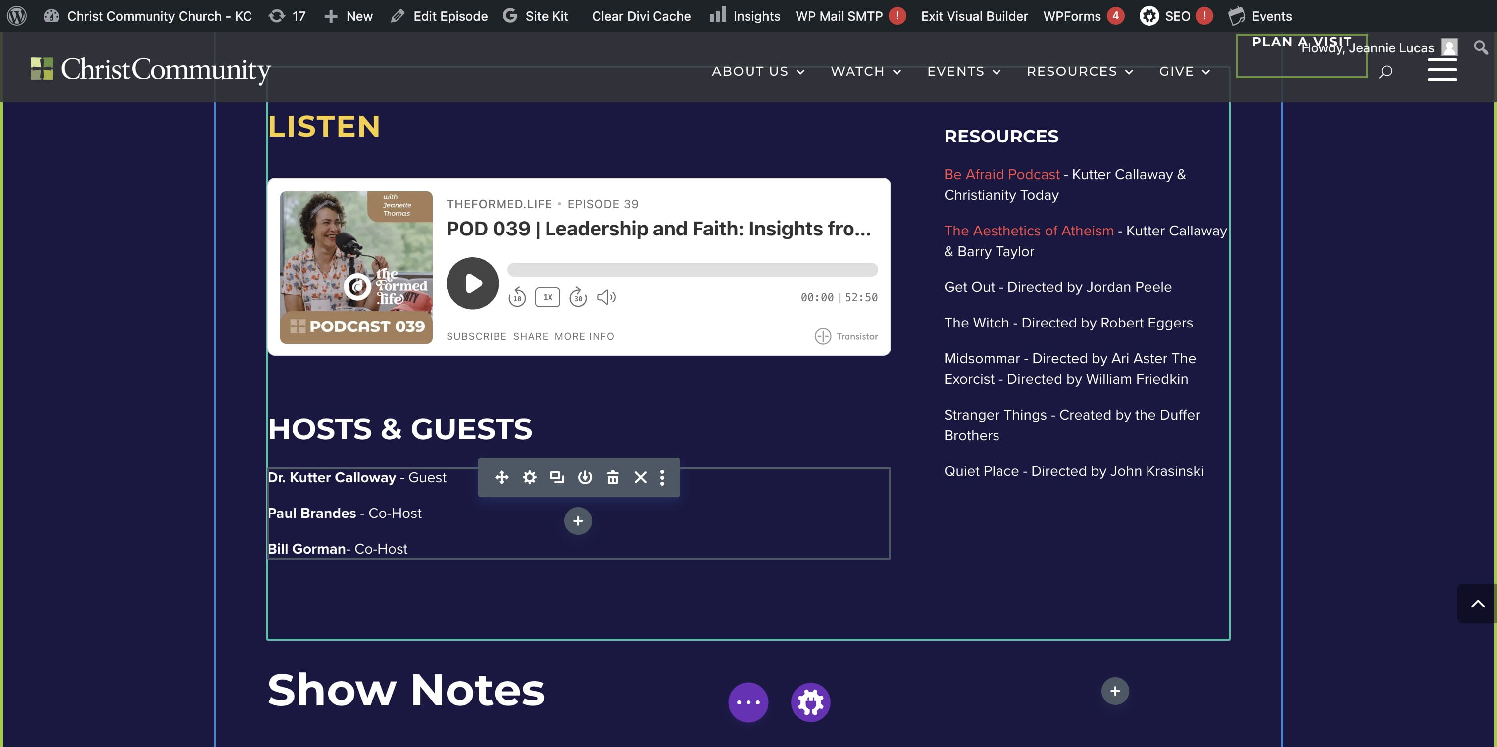 Continue editing the remaining Show Notes using the Conversation Guide (Show Notes) Google Doc.

SAVE your edits, EXIT VISUAL BUILDER and double-check your changes!